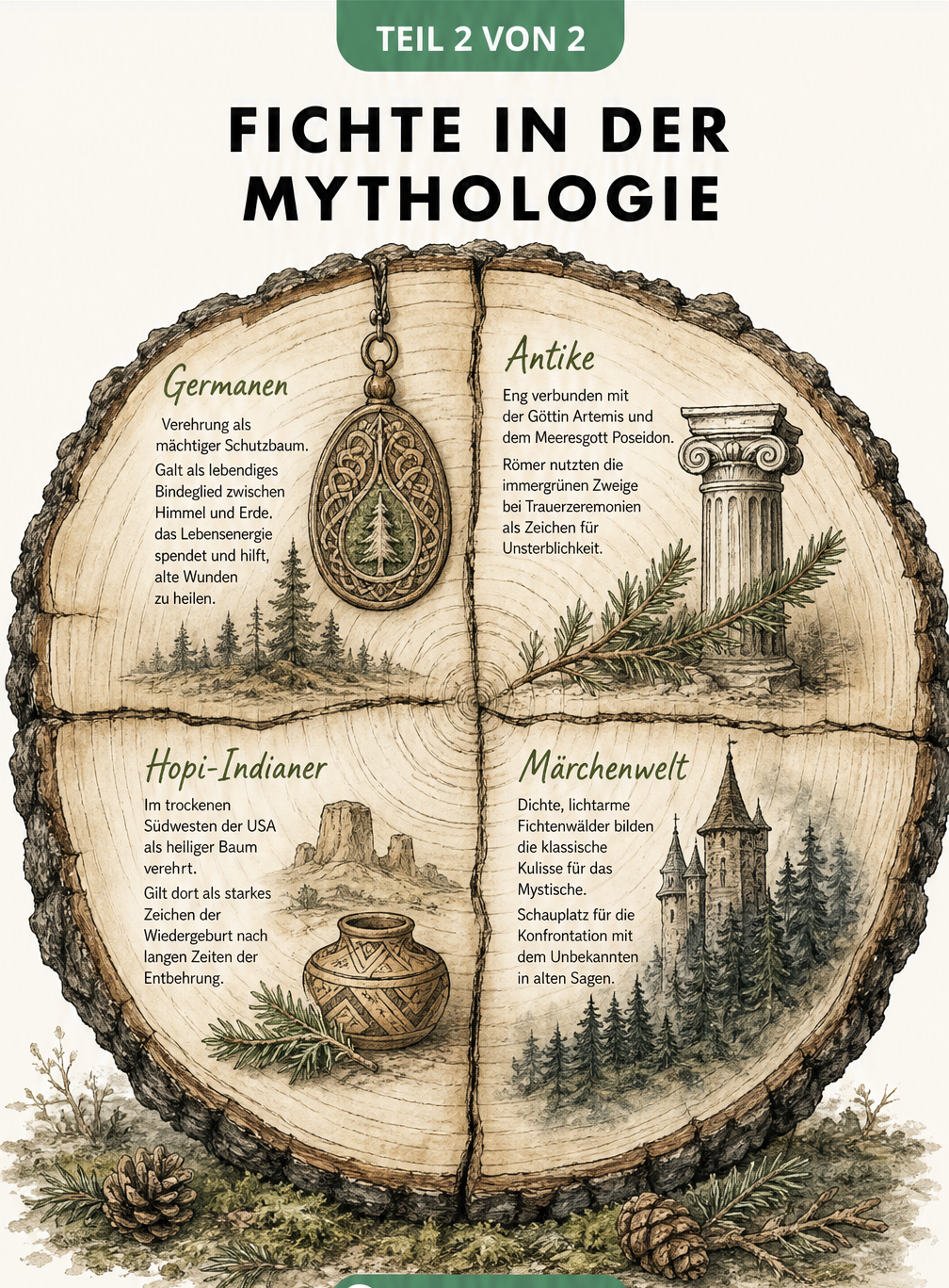 Illustration einer Fichten-Baumscheibe mit Symbolen aus der Mythologie der Germanen, Antike, Hopi-Indianer und Märchenwelt