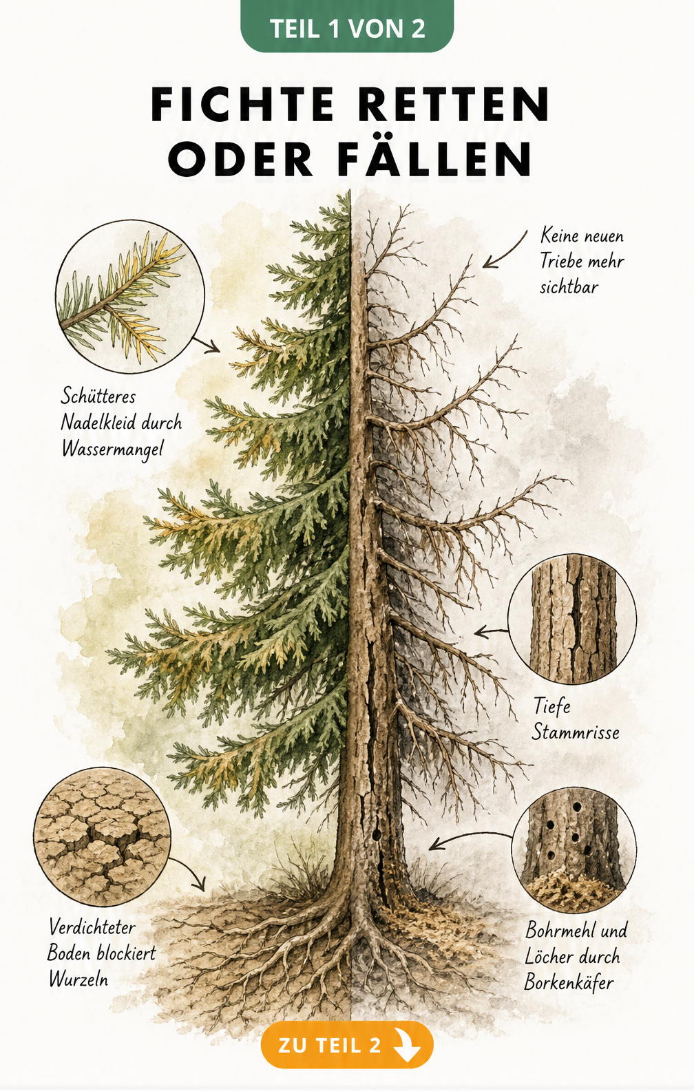 Botanische Illustration einer Fichte, die in eine rettbare und eine irreversibel geschädigte Hälfte unterteilt ist, mit Hinweisen auf Trockenstress und...