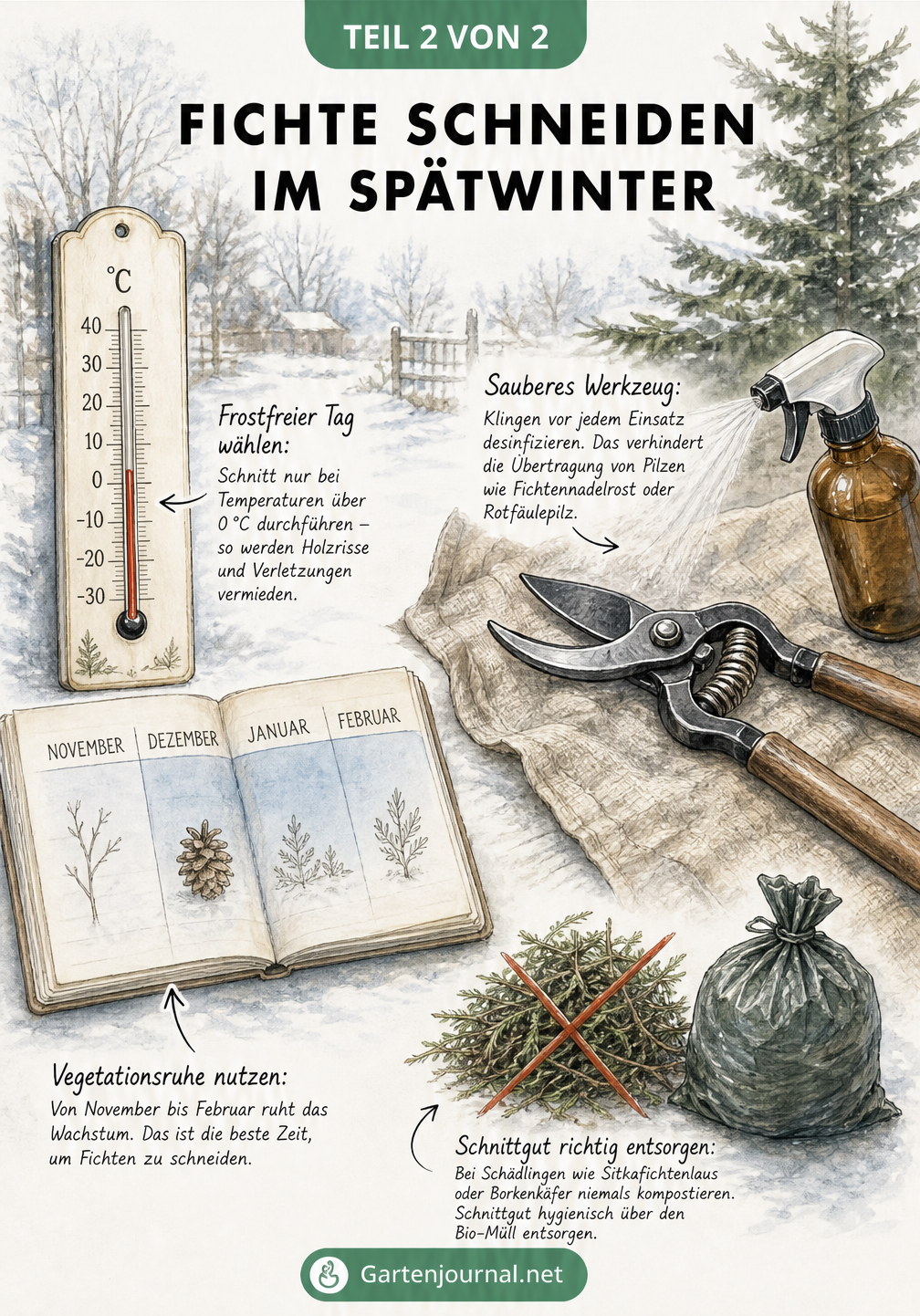 Winterliche Gartenszene mit Thermometer über null Grad, Kalender für November bis Februar, desinfizierter Astschere und entsorgtem Schnittgut.