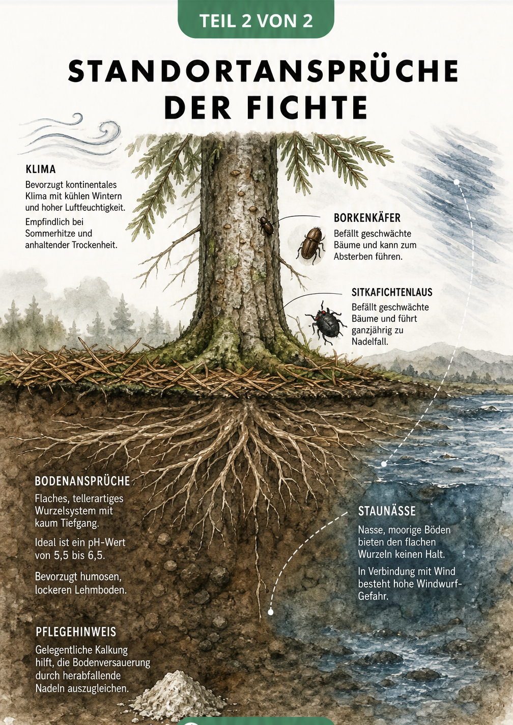 Querschnitt durch den Standort einer Fichte mit flachen Wurzeln, Bodenansprüchen und Schädlingen