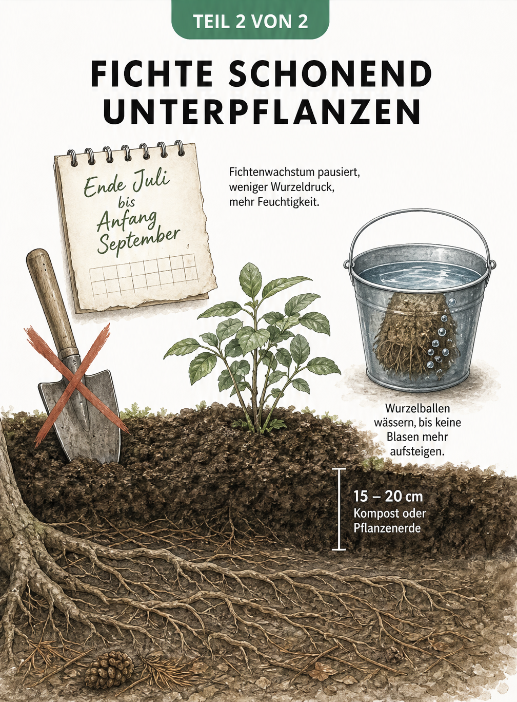 Querschnitt des Bodens unter einer Fichte, der die schonende Pflanzung mit Kompostschicht ohne Umgraben zeigt