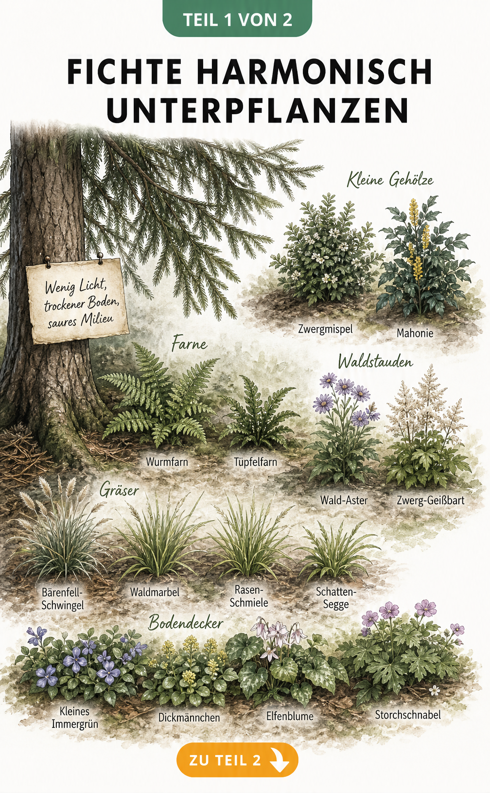Botanische Illustration einer Fichte mit passender Unterpflanzung aus Bodendeckern, Gräsern, Farnen und Waldstauden