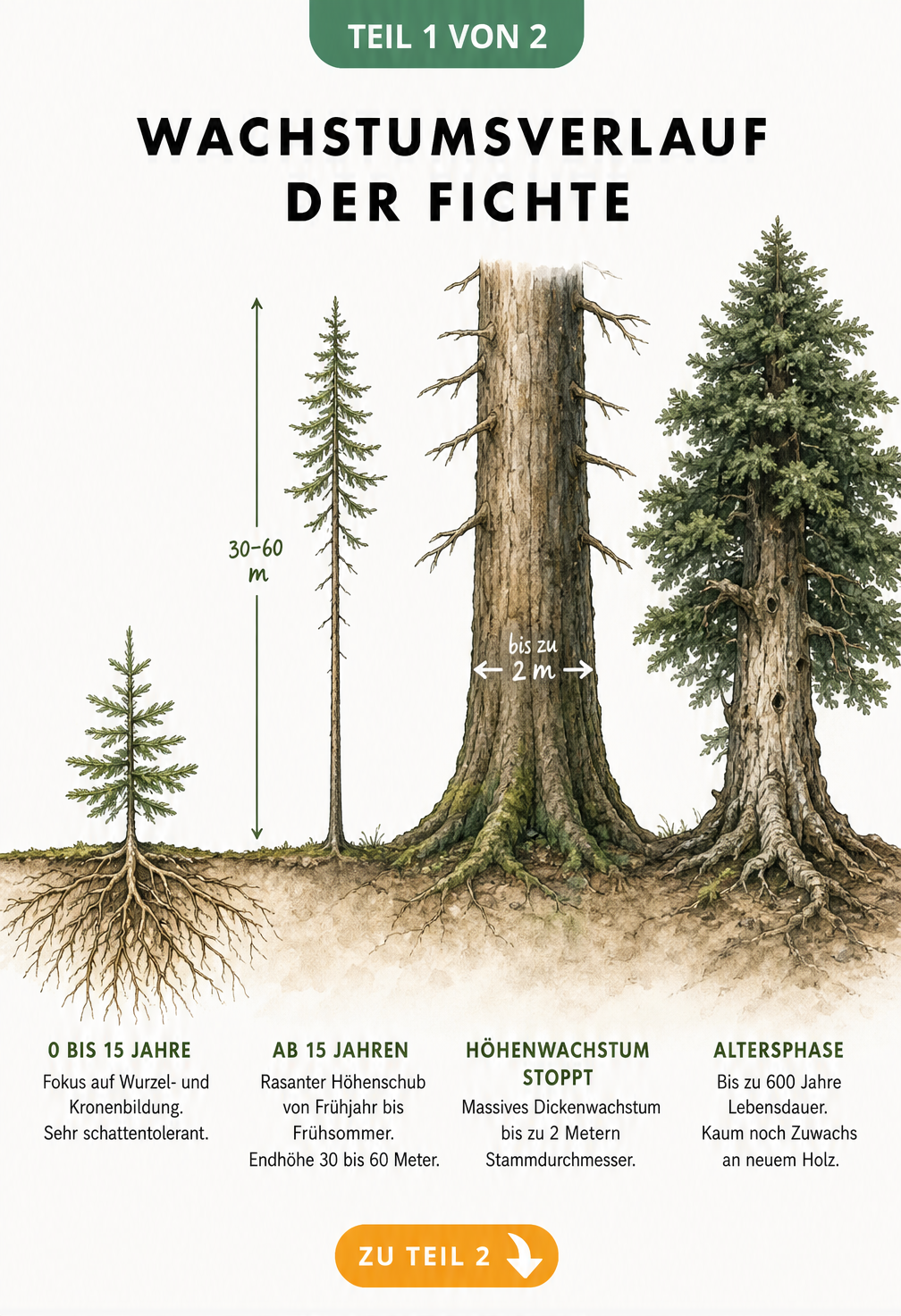 Botanische Zeitleiste zeigt vier Entwicklungsstadien der Fichte vom Jungbaum bis zum 600 Jahre alten Baum