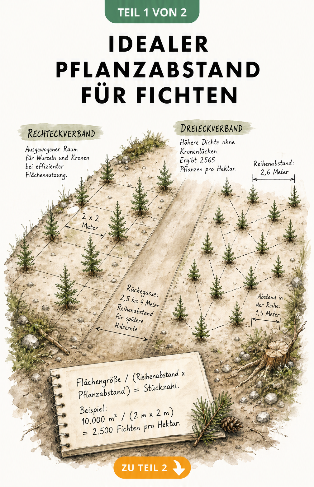 Illustration von Pflanzmustern für Fichten: Rechteckverband und Dreieckverband im Vergleich mit Maßangaben auf Waldboden.