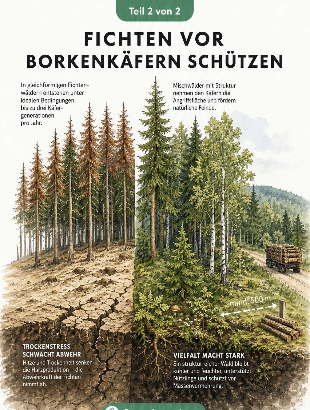 Vergleich zwischen einer anfälligen Fichten-Monokultur und einem widerstandsfähigen Mischwald