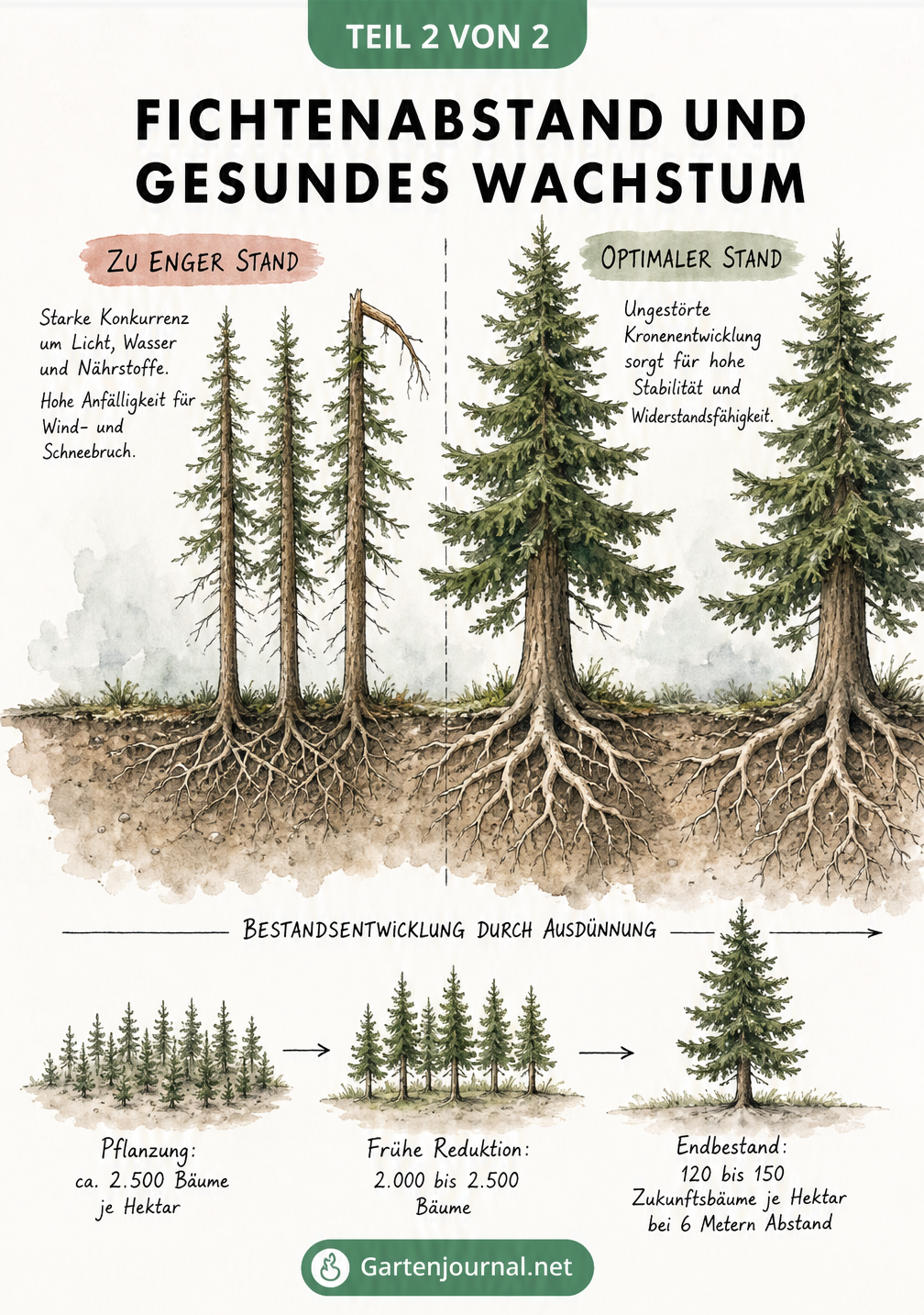 Querschnitt-Illustration von Fichten: Zu enger Stand mit dünnen Stämmen und kümmerlichen Wurzeln im Vergleich zu optimalem Stand mit kräftigen Kronen und...