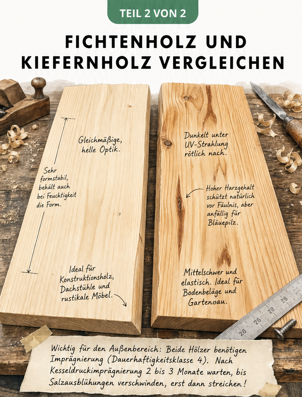Vergleich von Fichtenholz und Kiefernholz mit Maserung, Farbe und Eigenschaften