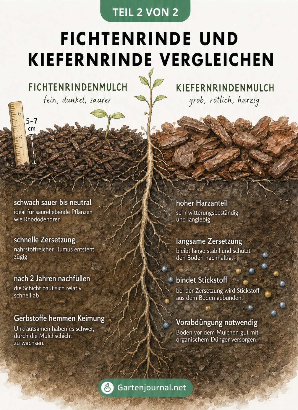Querschnitt eines Bodenprofils, der Fichtenrindenmulch und Kiefernrindenmulch im Vergleich zeigt, inklusive Zersetzung und Nährstoffbindung