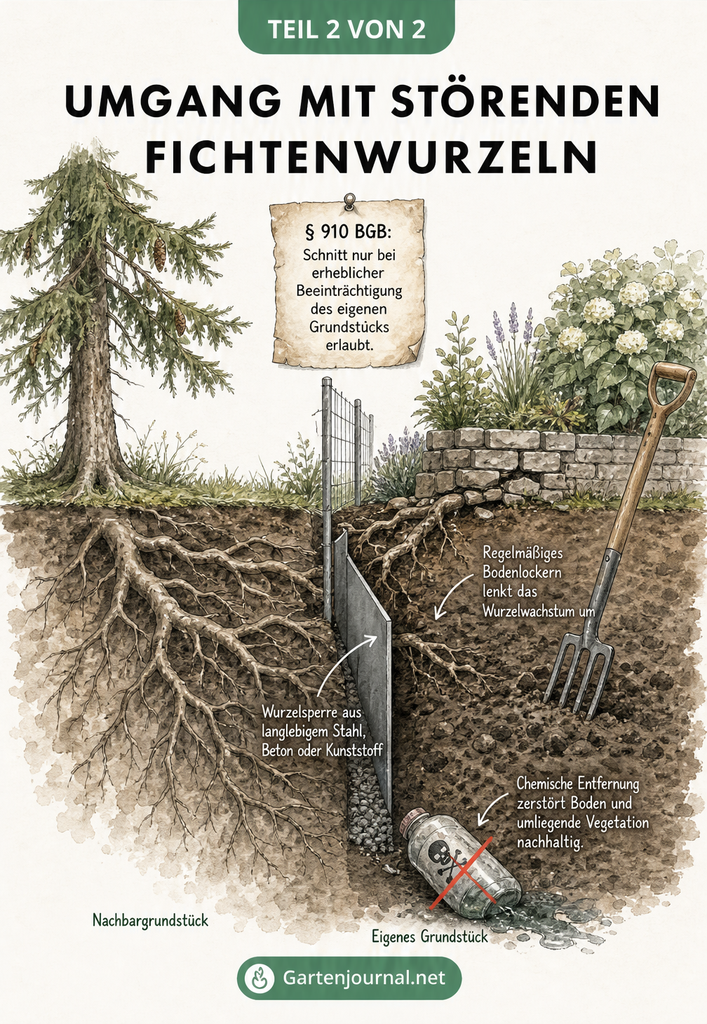 Skizze zweier Grundstücke: Fichtenwurzeln heben eine Mauer an, als Lösung wird eine Wurzelsperre im Graben gezeigt