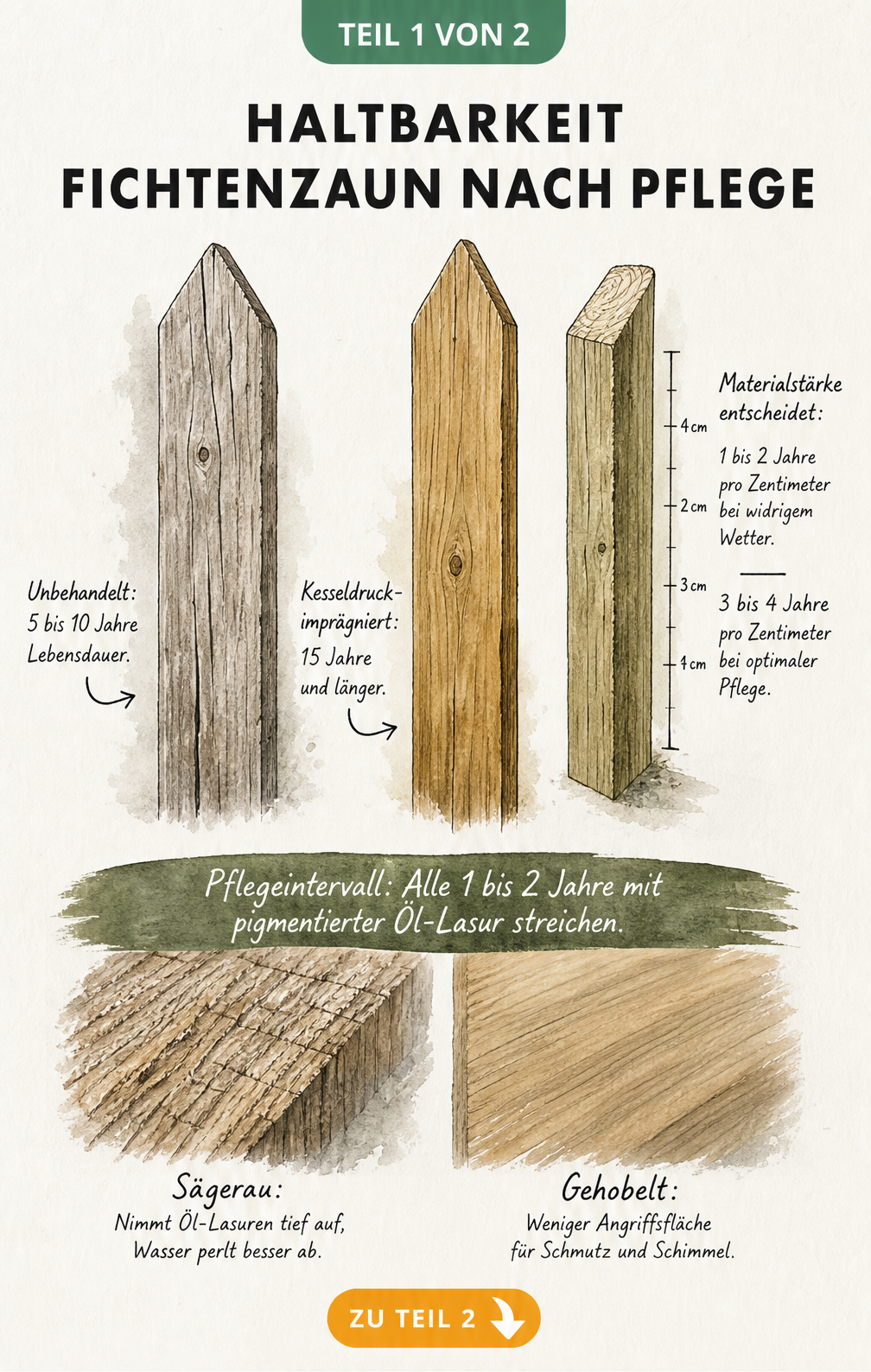 Illustration von drei Fichtenholz-Zaunlatten, die den Unterschied zwischen unbehandeltem, kesseldruckimprägniertem und gepflegtem Holz sowie die Bedeutung der...