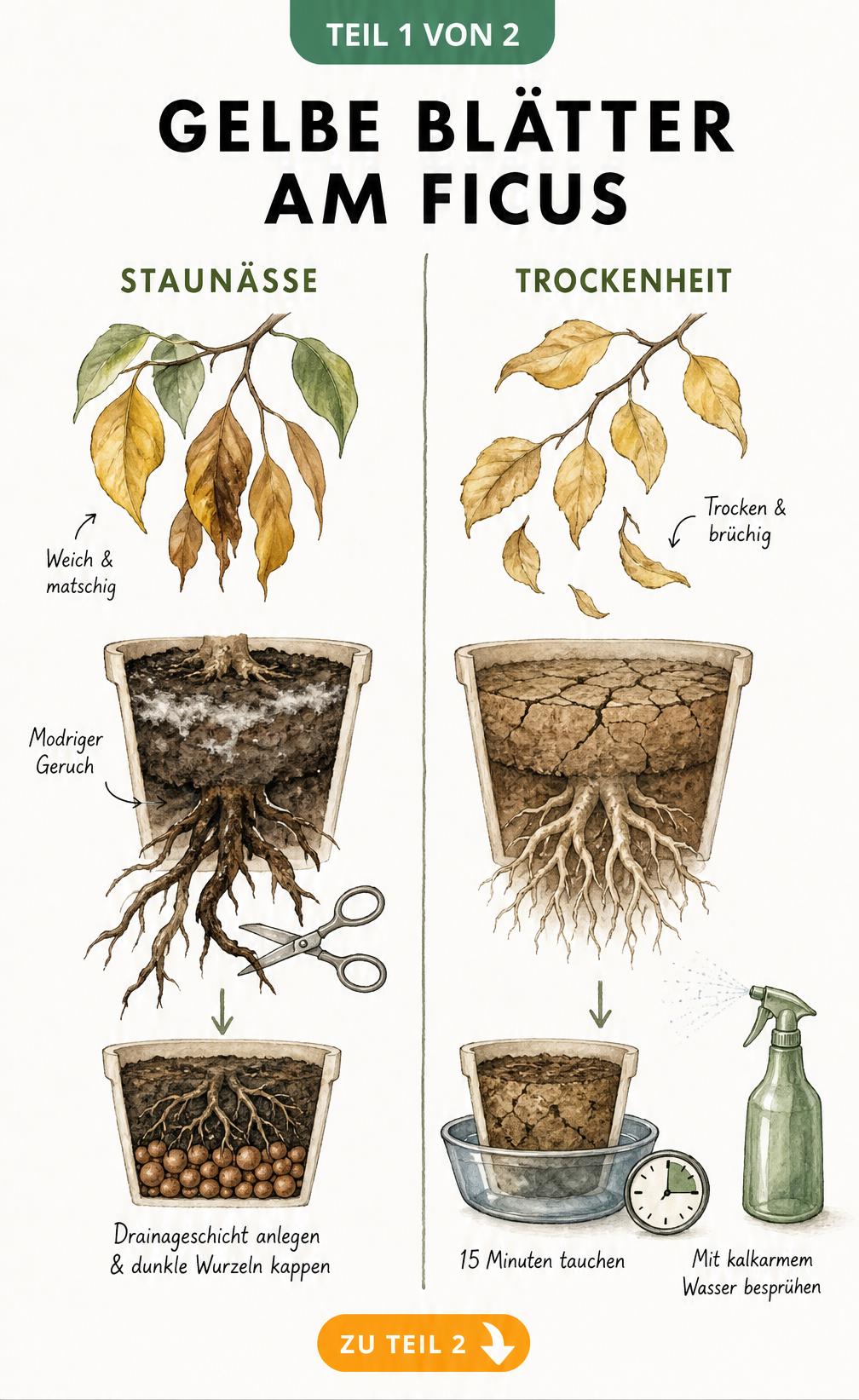 Botanische Illustration: Vergleich von Staunässe und Trockenheit beim Ficus Benjamini mit Symptomen an Blättern und Wurzeln