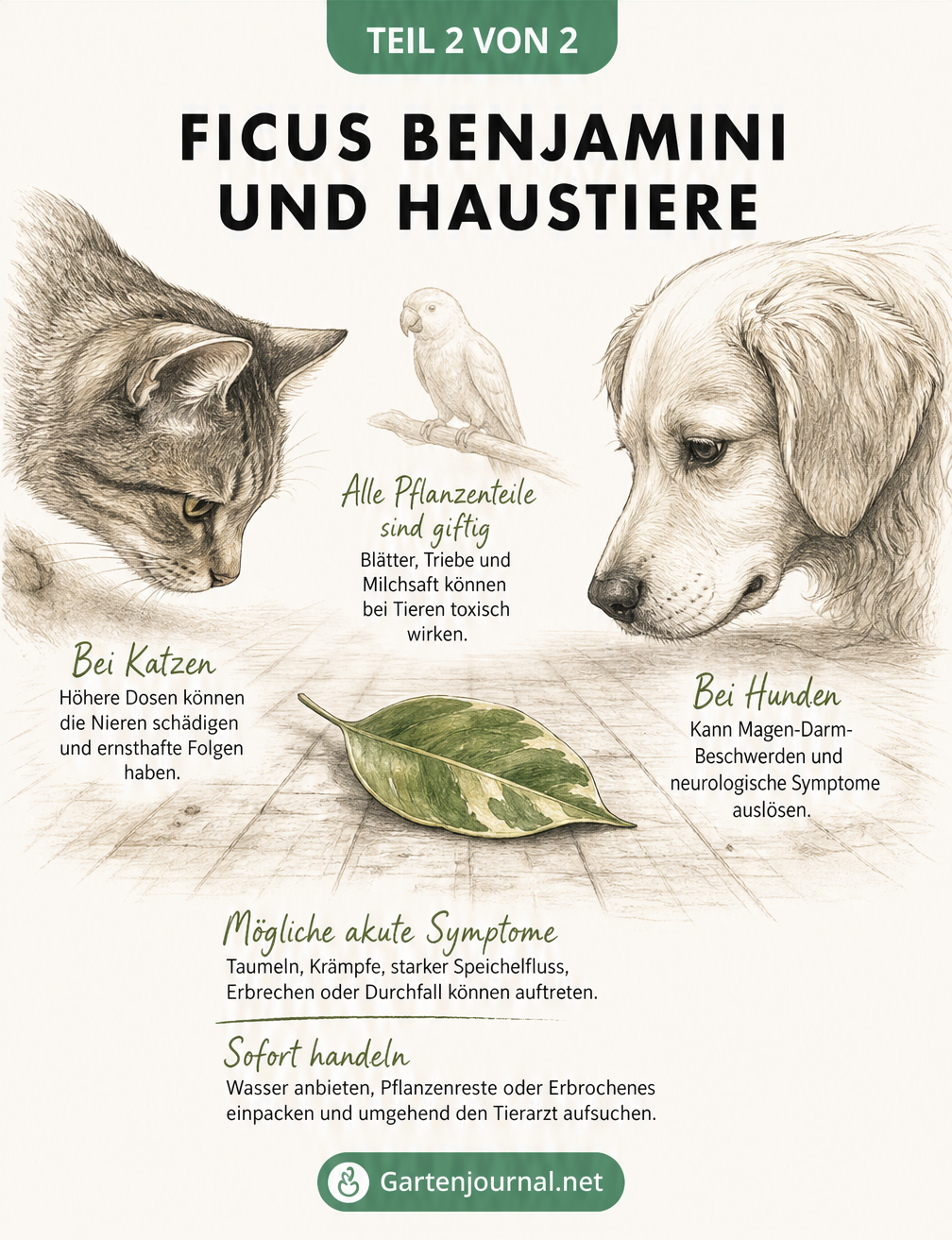 Zeichnung von Katze und Hund neben einem Ficus-Blatt mit Warnhinweisen zu Vergiftungssymptomen und Erste-Hilfe-Maßnahmen für Haustiere