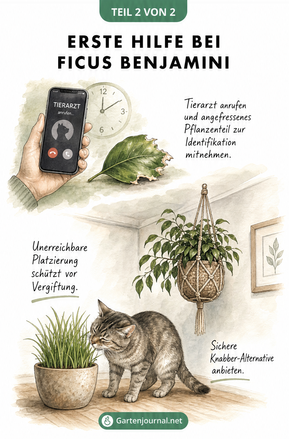 Aquarell-Illustration zur Ersten Hilfe bei Ficus-Vergiftung: Hand mit Smartphone neben angefressenem Blatt und sichere Wohnsituation mit hängender Birkenfeige...
