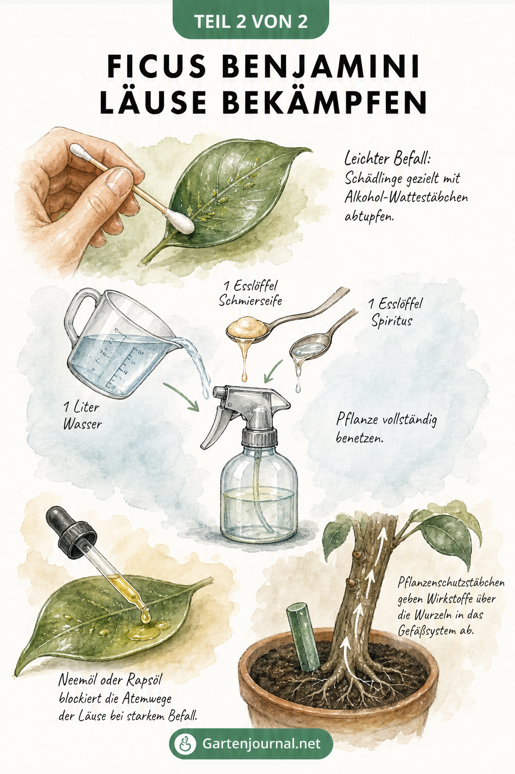 Aquarell-Skizze zur Bekämpfung von Läusen am Ficus Benjamini mit Alkohol, Schmierseifenlösung und Neemöl