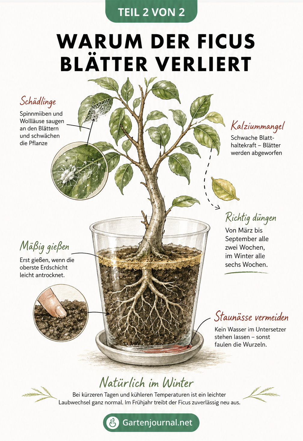 Botanische Schnittzeichnung eines Ficus-Zweigs und Wurzelwerks mit Hinweisen zu Pflegefehlern wie Staunässe, Kalziummangel und Schädlingen