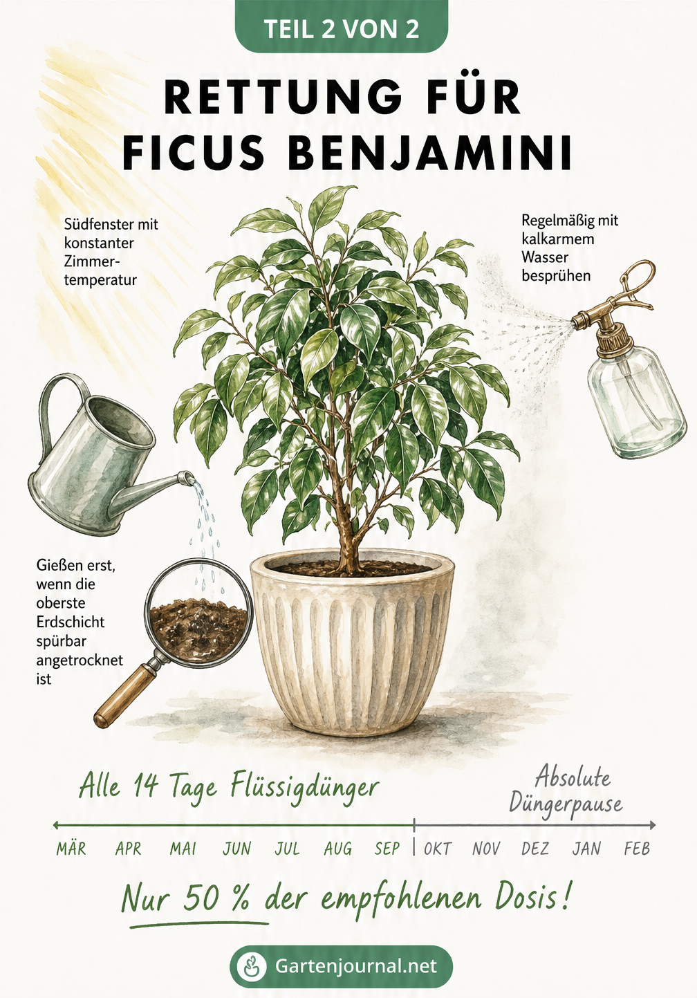 Illustration eines gesunden Ficus benjamini mit Pflegehinweisen zu Licht, Gießen und Düngen.