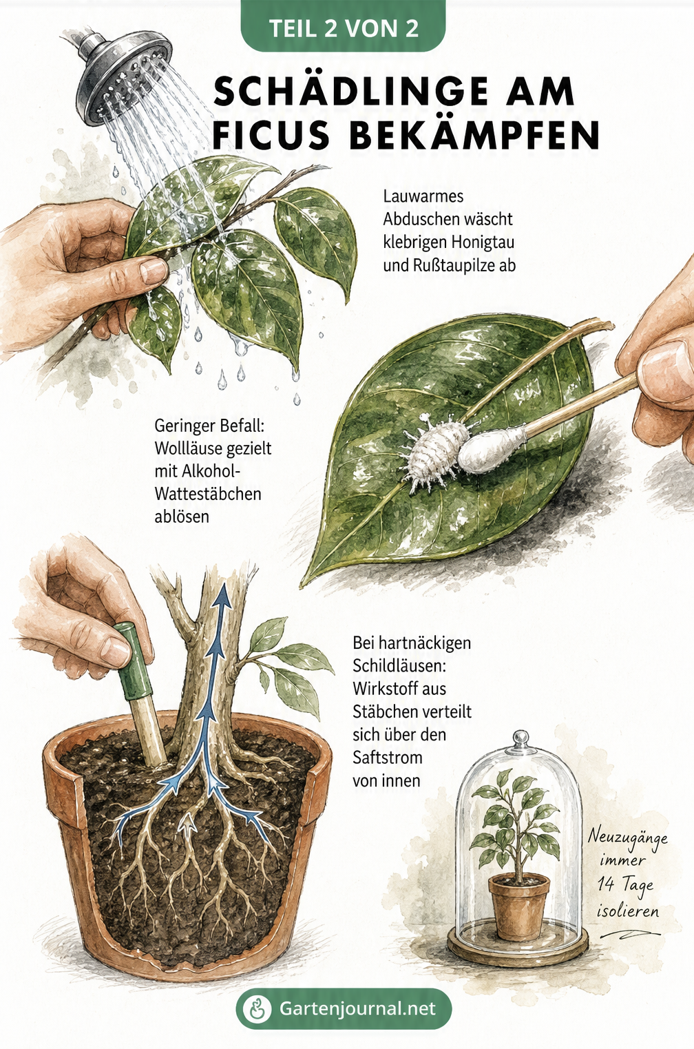 Gezeichnete Anleitung zur Schädlingsbekämpfung am Ficus: Abduschen, Wollläuse mit Alkohol entfernen und Pflanzenschutzstäbchen nutzen