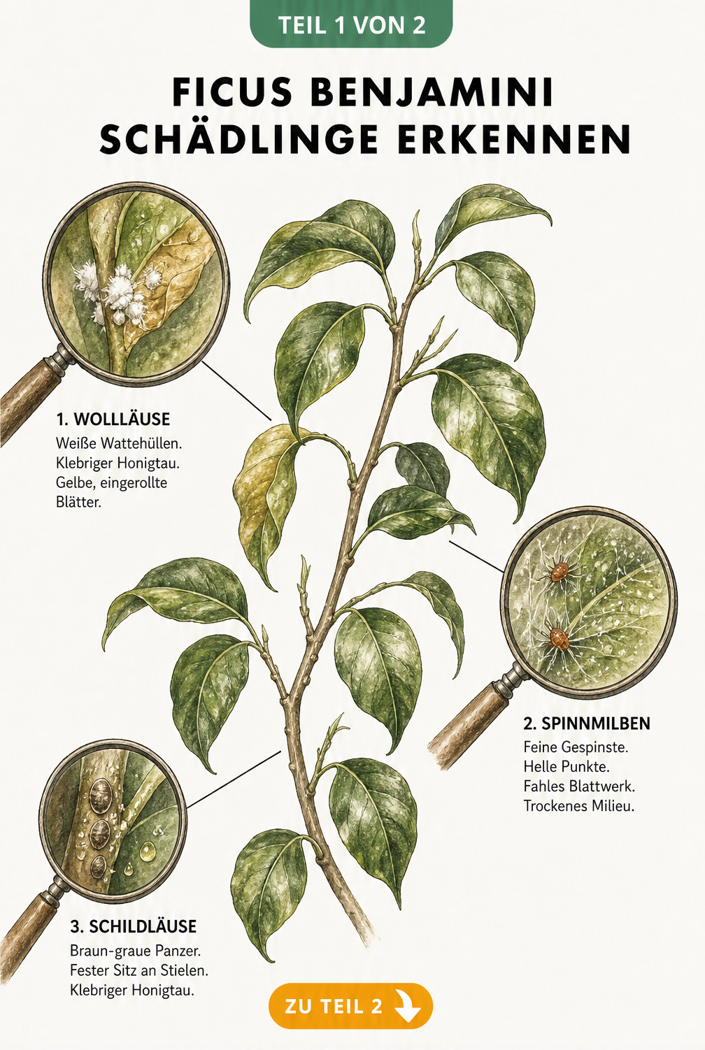 Botanische Illustration eines Ficus Benjamini Zweiges mit Schadbildern von Wollläusen, Spinnmilben und Schildläusen in der Vergrößerung