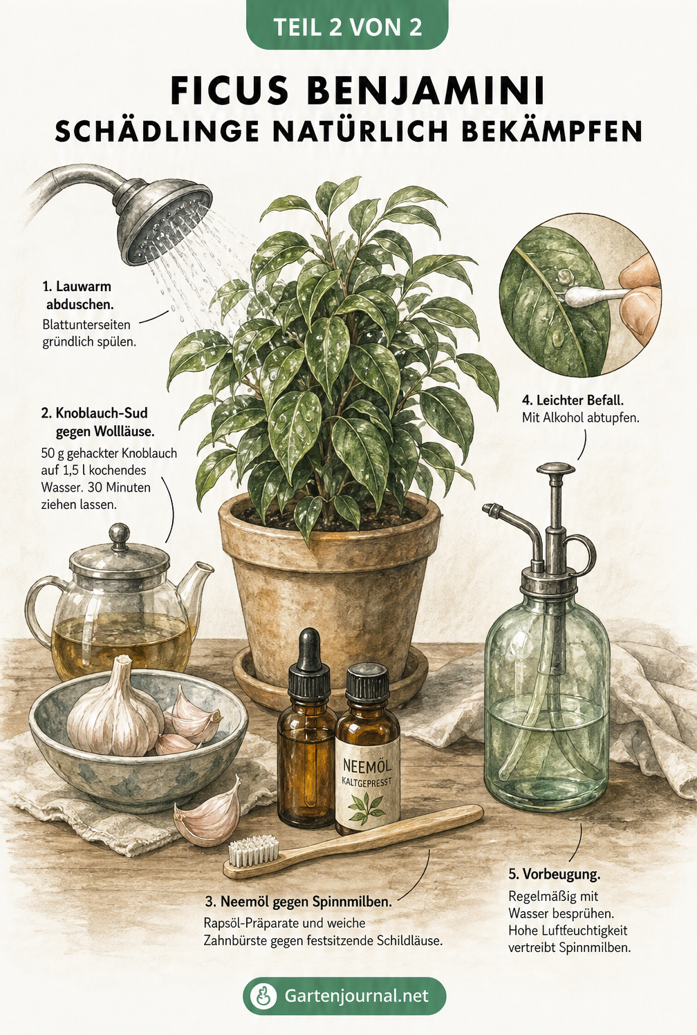 Aquarell-Illustration eines Ficus Benjamini mit verschiedenen Hausmitteln zur Schädlingsbekämpfung wie Knoblauch-Sud, Neemöl und Sprühflasche