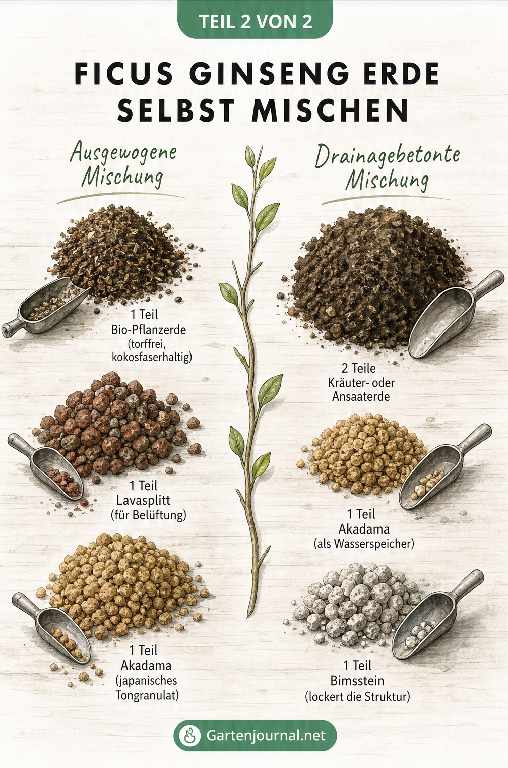 Illustration auf einem Holztisch mit Häufchen verschiedener Erd- und Gesteinsarten, die zwei Rezepte zum Selbermischen von Ficus Ginseng Erde zeigt: eine...