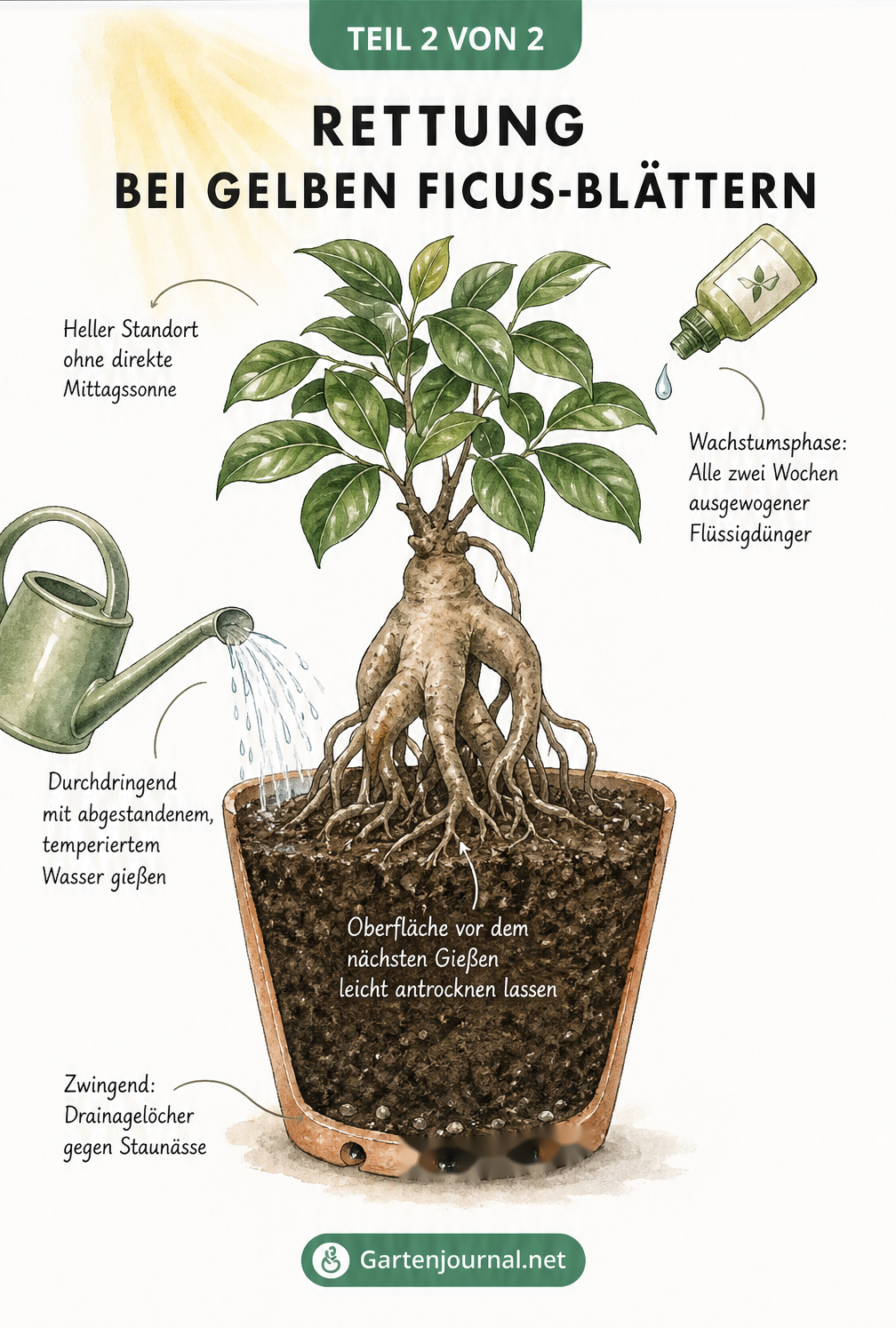 Querschnitt eines Ficus Ginseng im Topf mit optimaler Pflege: Drainagelöcher, lockeres Substrat, richtiges Gießen und Düngen