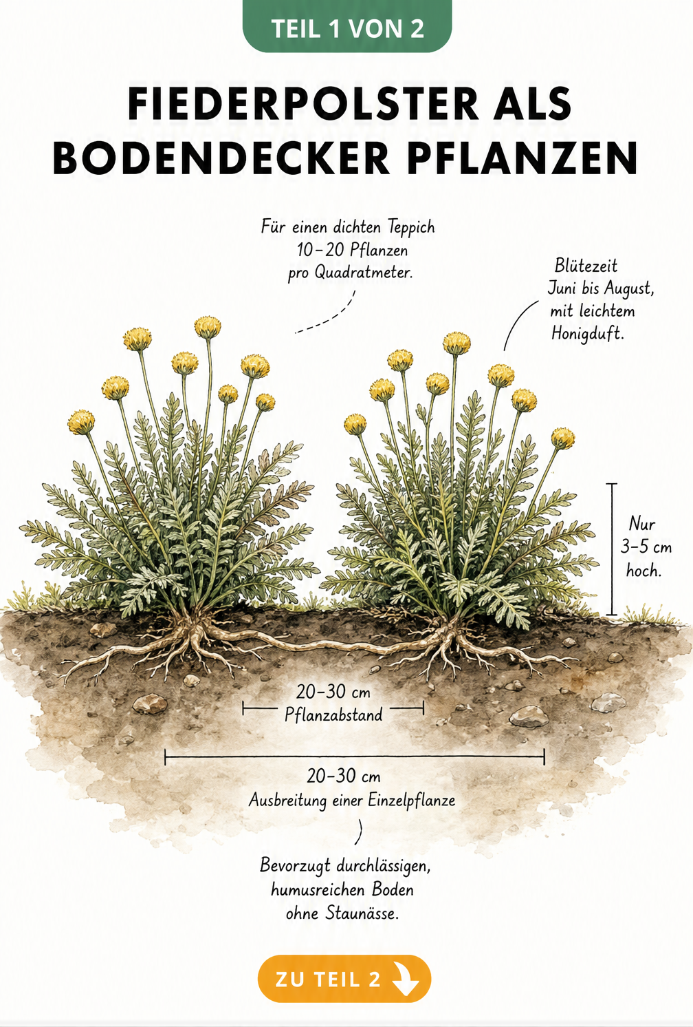 Querschnitt eines Gartenbeets mit zwei Fiederpolster-Pflanzen, die farnartige Blätter und gelbe Blüten zeigen, inklusive Wurzelwerk und Maßangaben zu...