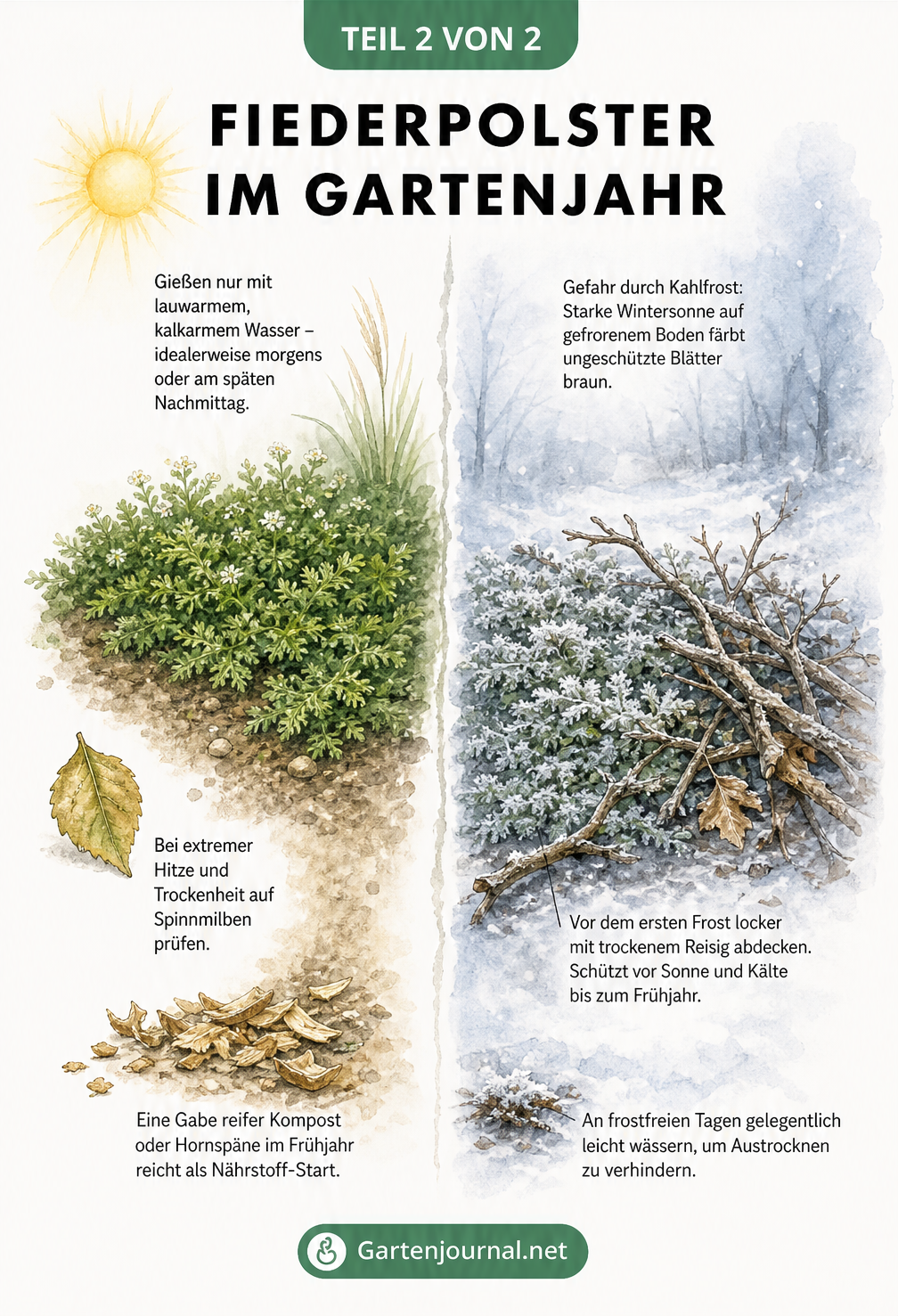 Zweigeteilte Aquarell-Illustration des Fiederpolsters im Sommer und Winter mit Tipps zu Gießen, Düngen und Frostschutz
