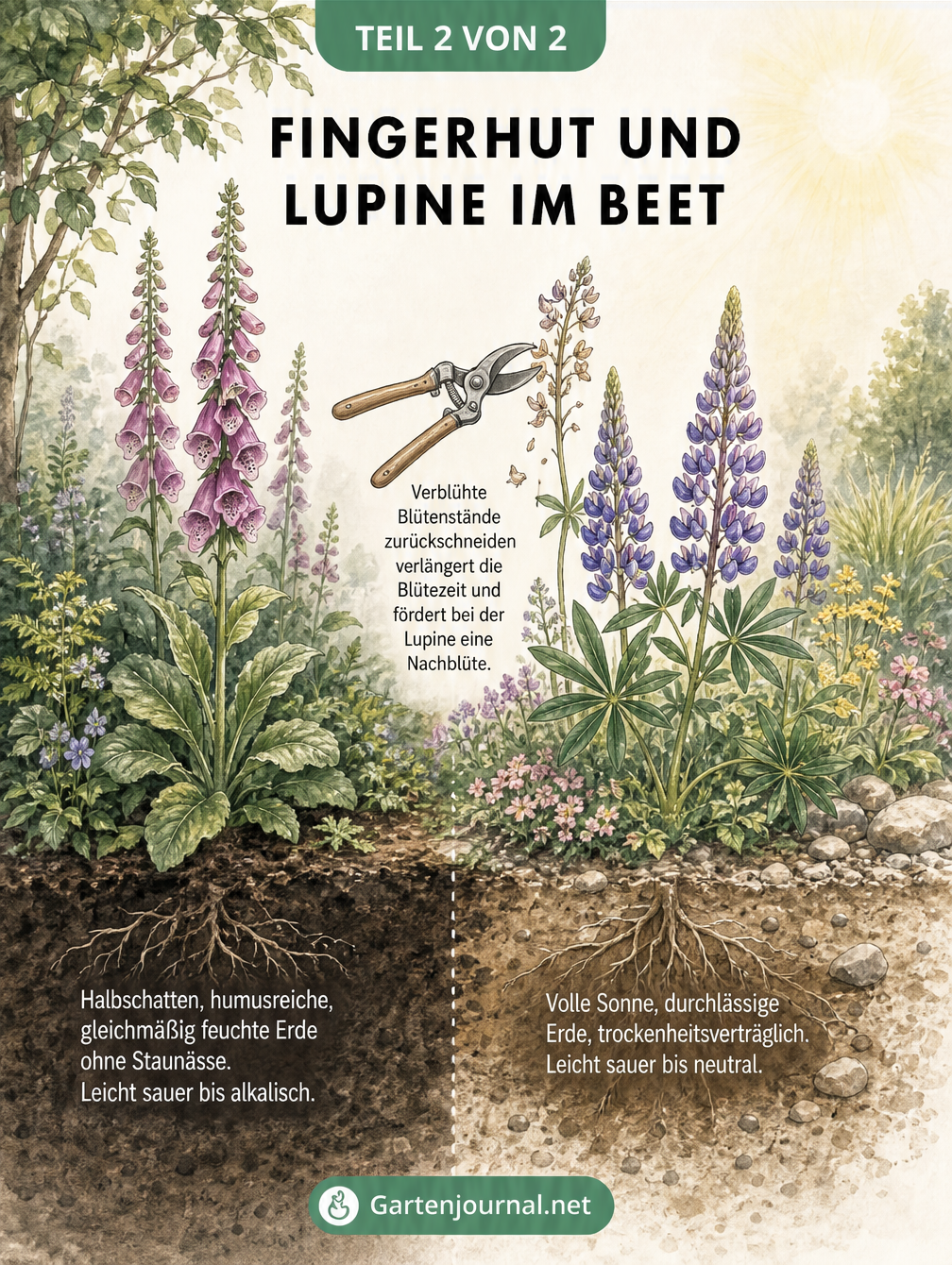 Querschnitt durch ein Staudenbeet mit Fingerhut im Halbschatten und Lupine in der Sonne