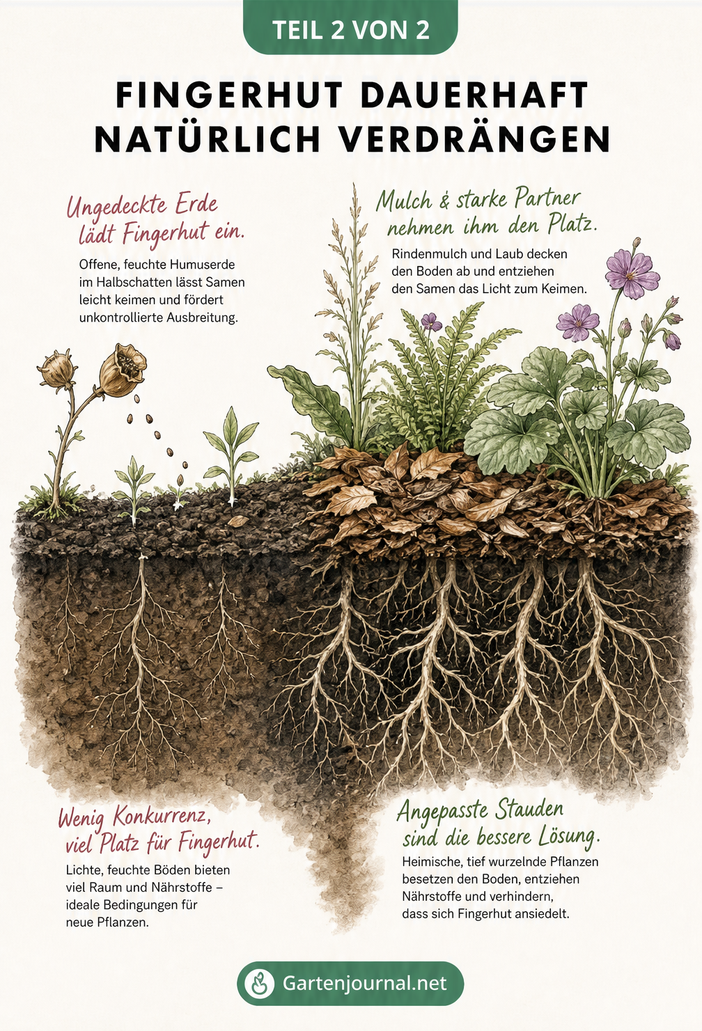 Querschnitt eines Gartenbeets zeigt die Verdrängung von Fingerhut durch Rindenmulch und Konkurrenzpflanzen