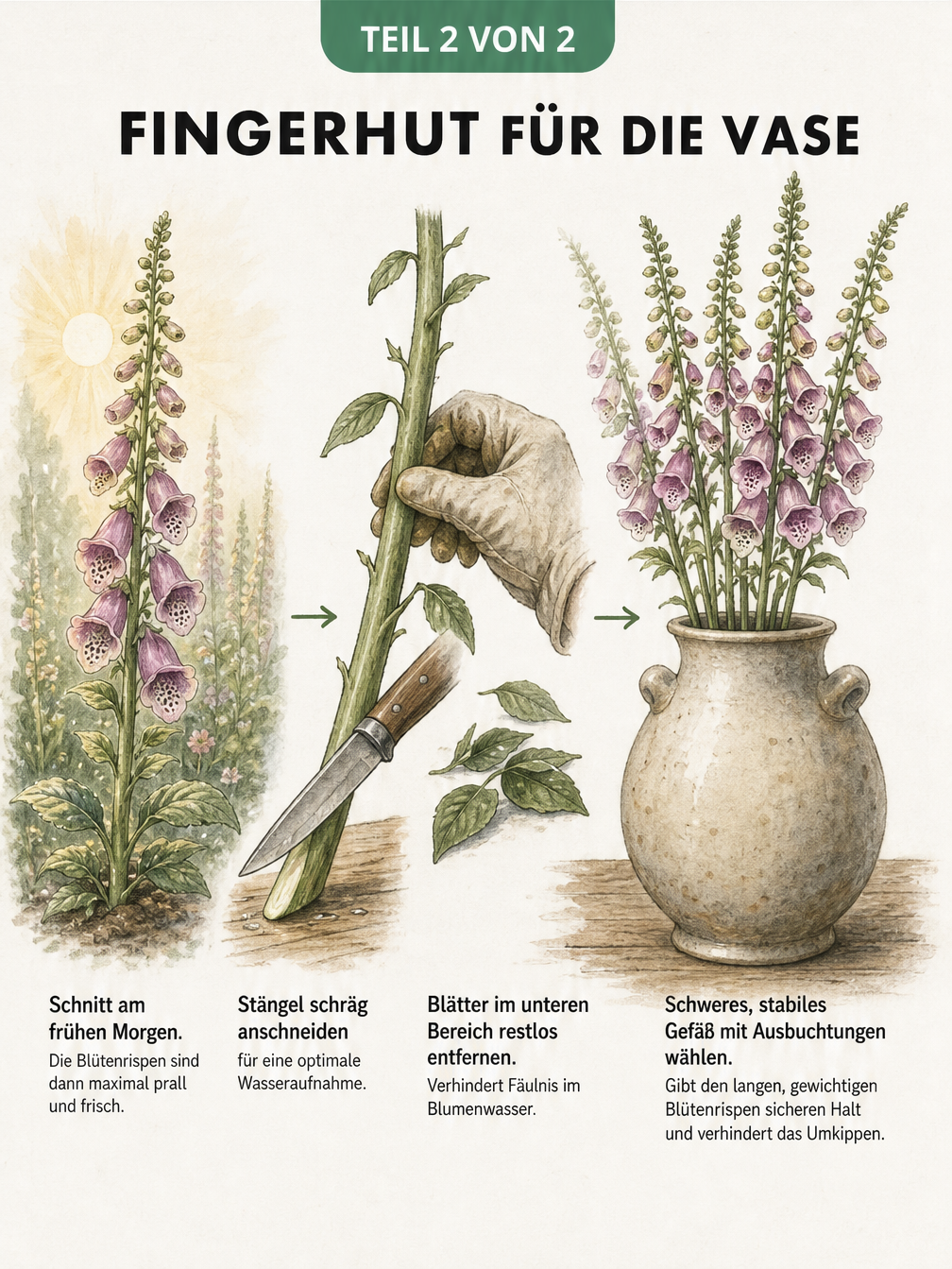 Illustration eines Fingerhuts, der für die Vase geschnitten wird, inklusive Schrägschnitt und Entfernung der unteren Blätter.