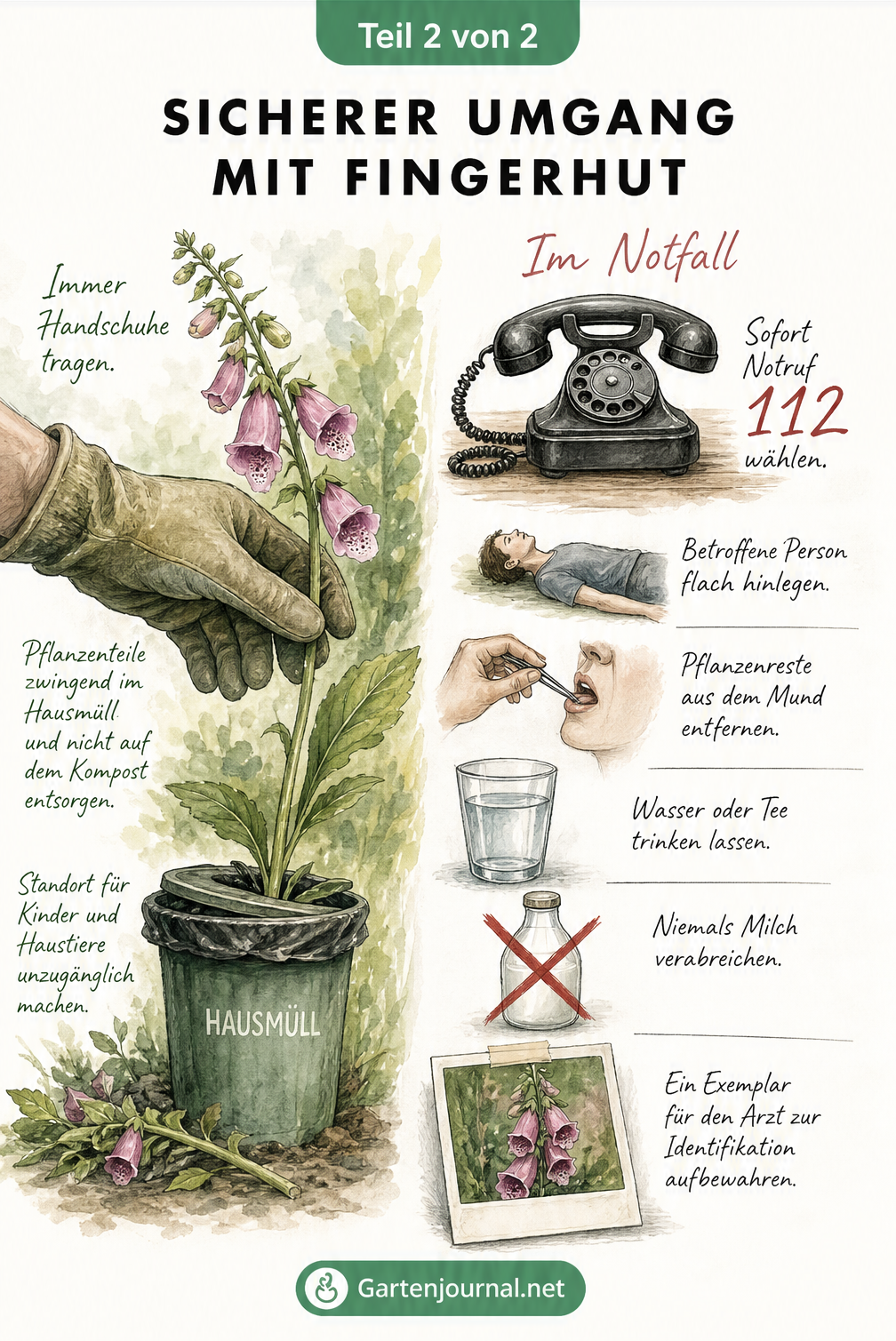 Illustration zum sicheren Umgang mit Fingerhut im Garten und Erste-Hilfe-Maßnahmen bei Vergiftungen, inklusive Notruf und Wasser trinken.