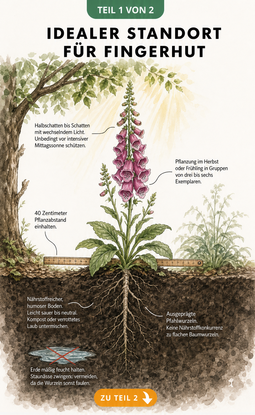 Botanische Querschnitt-Illustration eines Roten Fingerhuts im Halbschatten mit Wurzelstruktur und Pflanzabstand