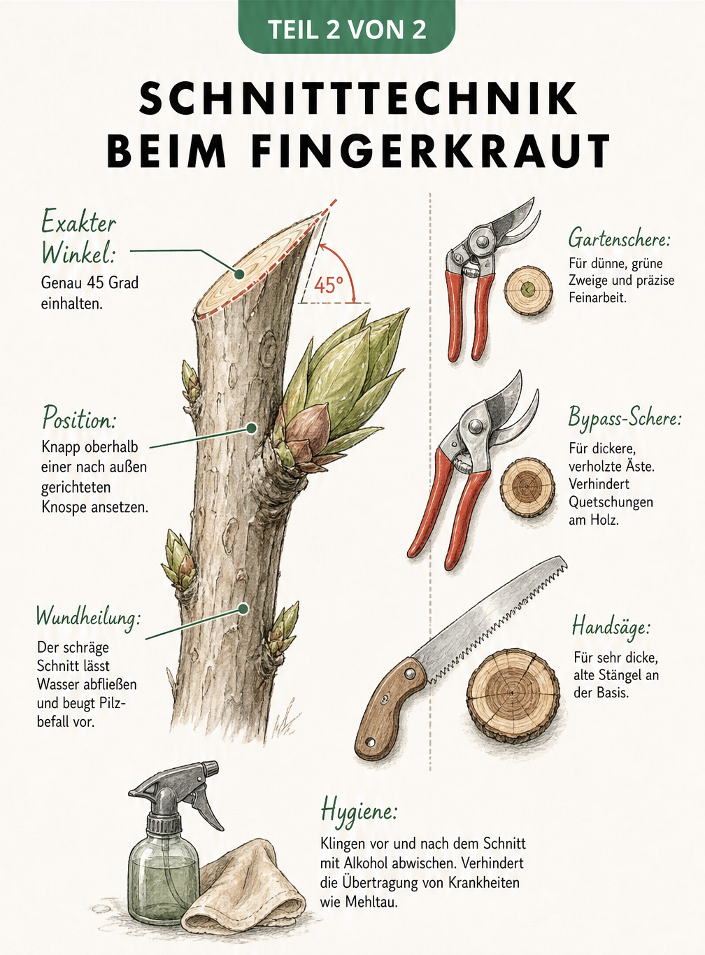 Detailzeichnung eines Fingerkraut-Zweiges mit 45-Grad-Schnittkante und passenden Gartenwerkzeugen.