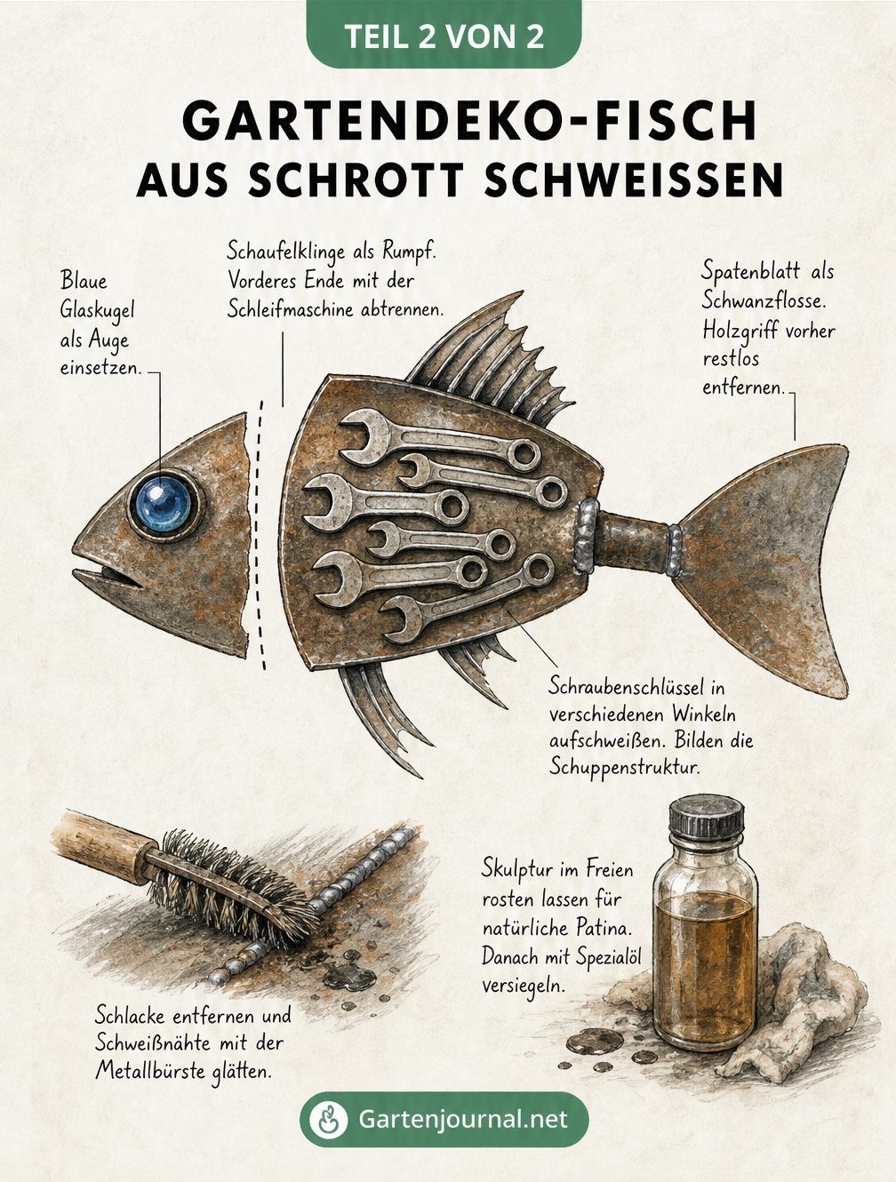 Explosionszeichnung einer Fisch-Skulptur aus alten Werkzeugen wie Schaufelklinge, Spatenblatt und Schraubenschlüsseln