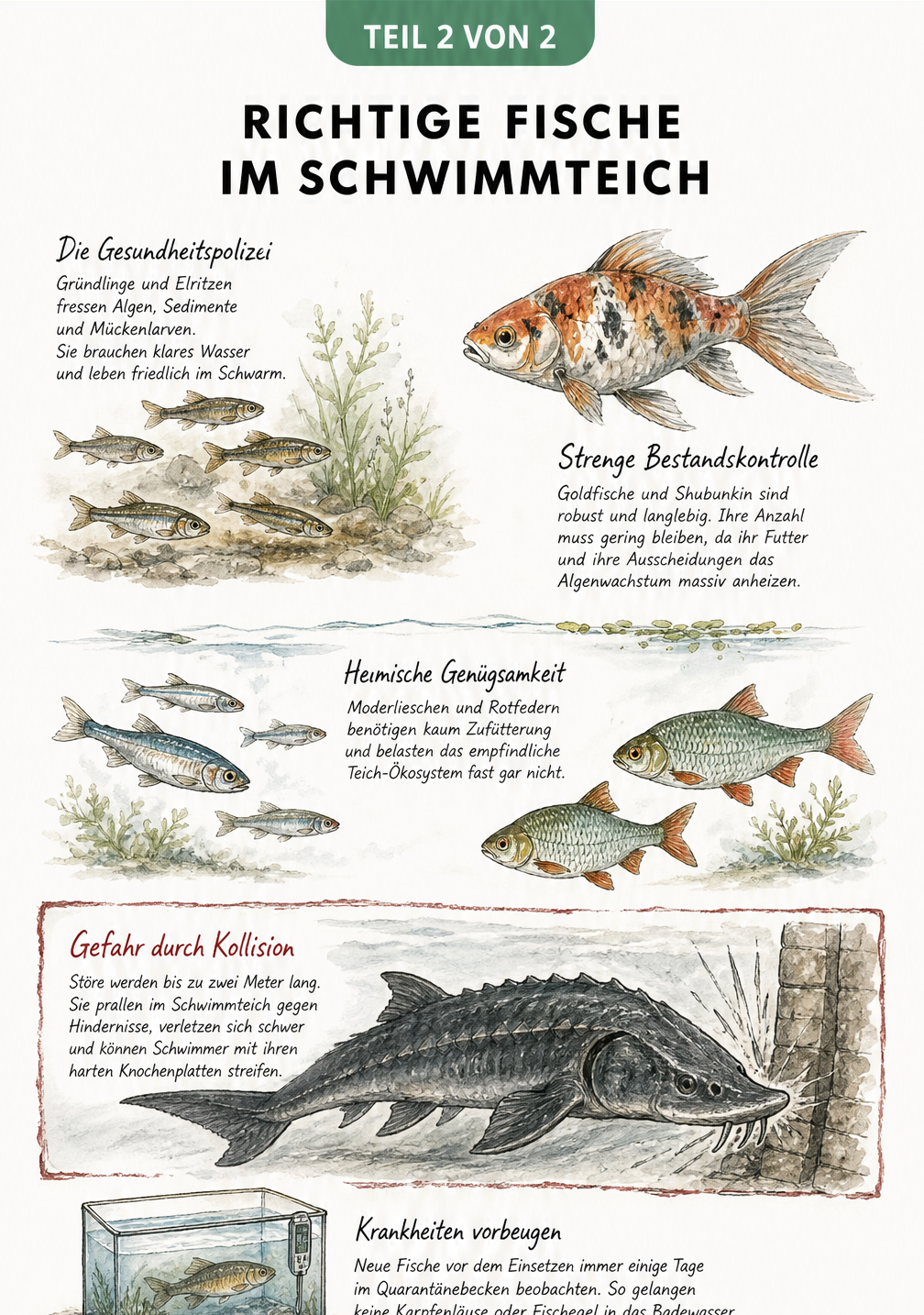 Illustration verschiedener Fischarten für den Schwimmteich wie Elritzen, Moderlieschen und Goldfische sowie eine Warnung vor Stören
