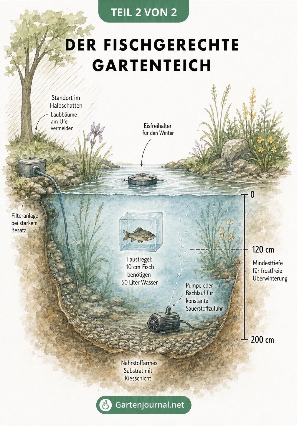 Schnittzeichnung eines fischgerechten Gartenteichs mit Angaben zu Mindesttiefe, Standort, Bodengrund und technischer Ausstattung wie Pumpe und Filter.