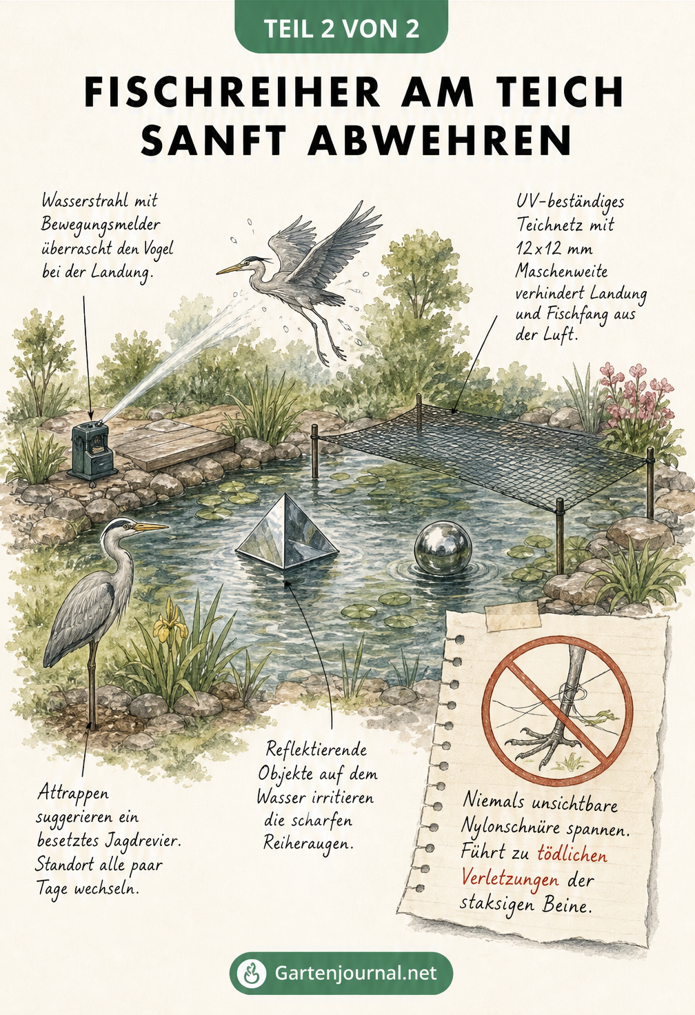 Isometrische Zeichnung eines Gartenteichs mit sanften Abwehrmethoden gegen Fischreiher wie Wasserstrahl, reflektierende Objekte, Teichnetz und Reiher-Attrappe.