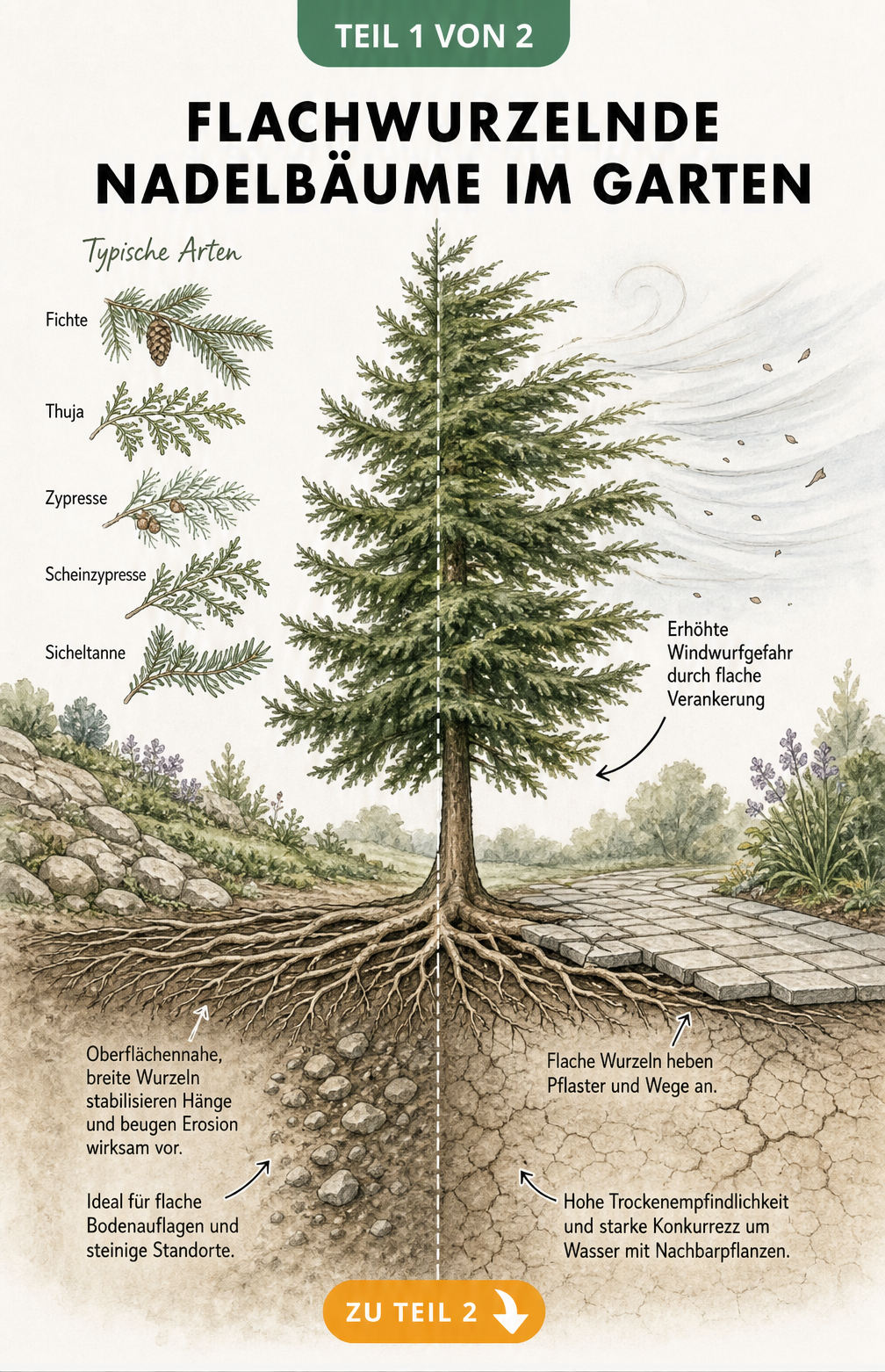 Querschnitt-Illustration eines Gartens mit einem flachwurzelnden Nadelbaum, der seine Wurzeln breit unter der Erdoberfläche ausdehnt.