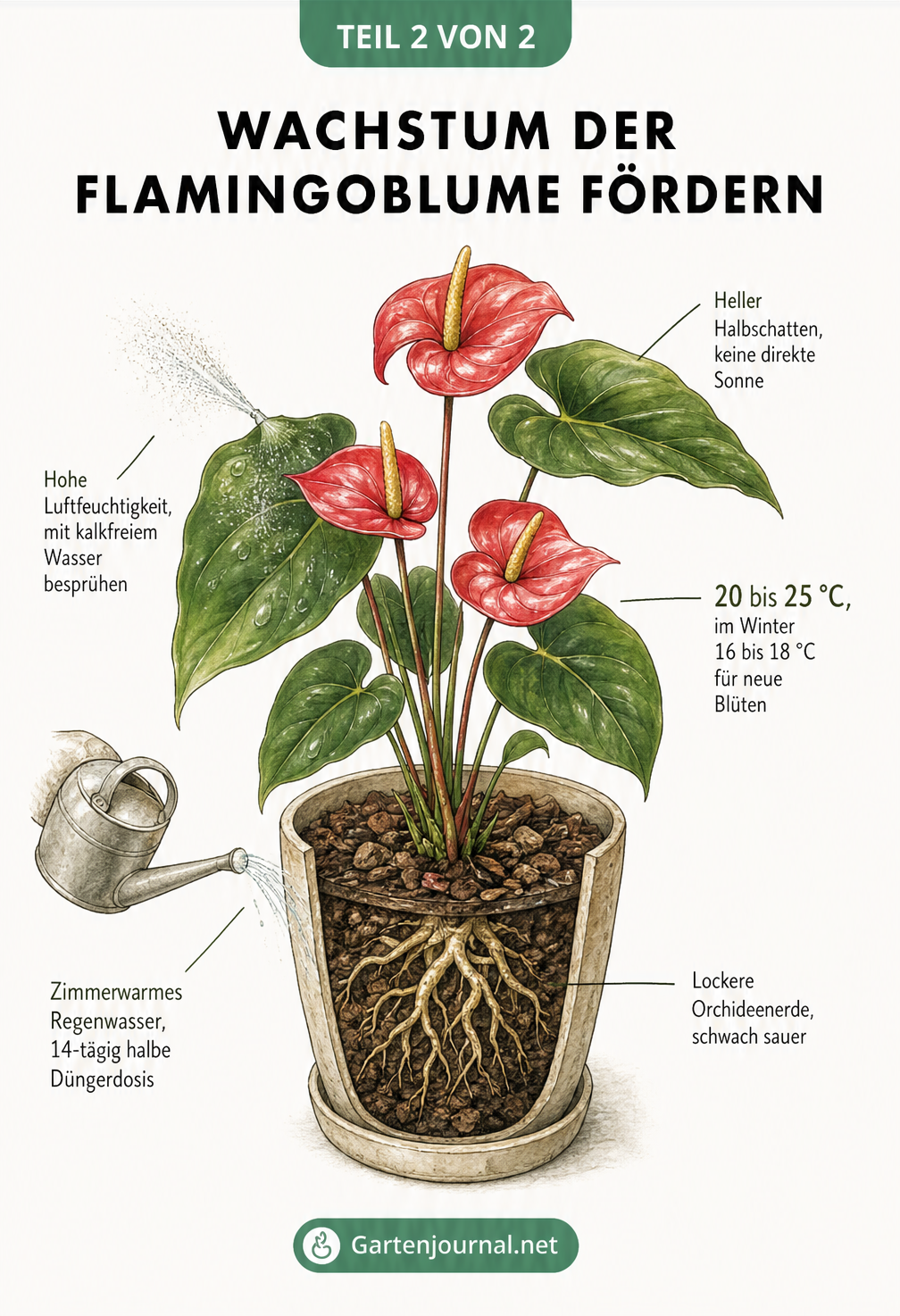 Pflegefaktoren für das Wachstum der Flamingoblume: Heller Halbschatten, 20 bis 25 Grad, hohe Luftfeuchtigkeit, Orchideenerde und zimmerwarmes Regenwasser.