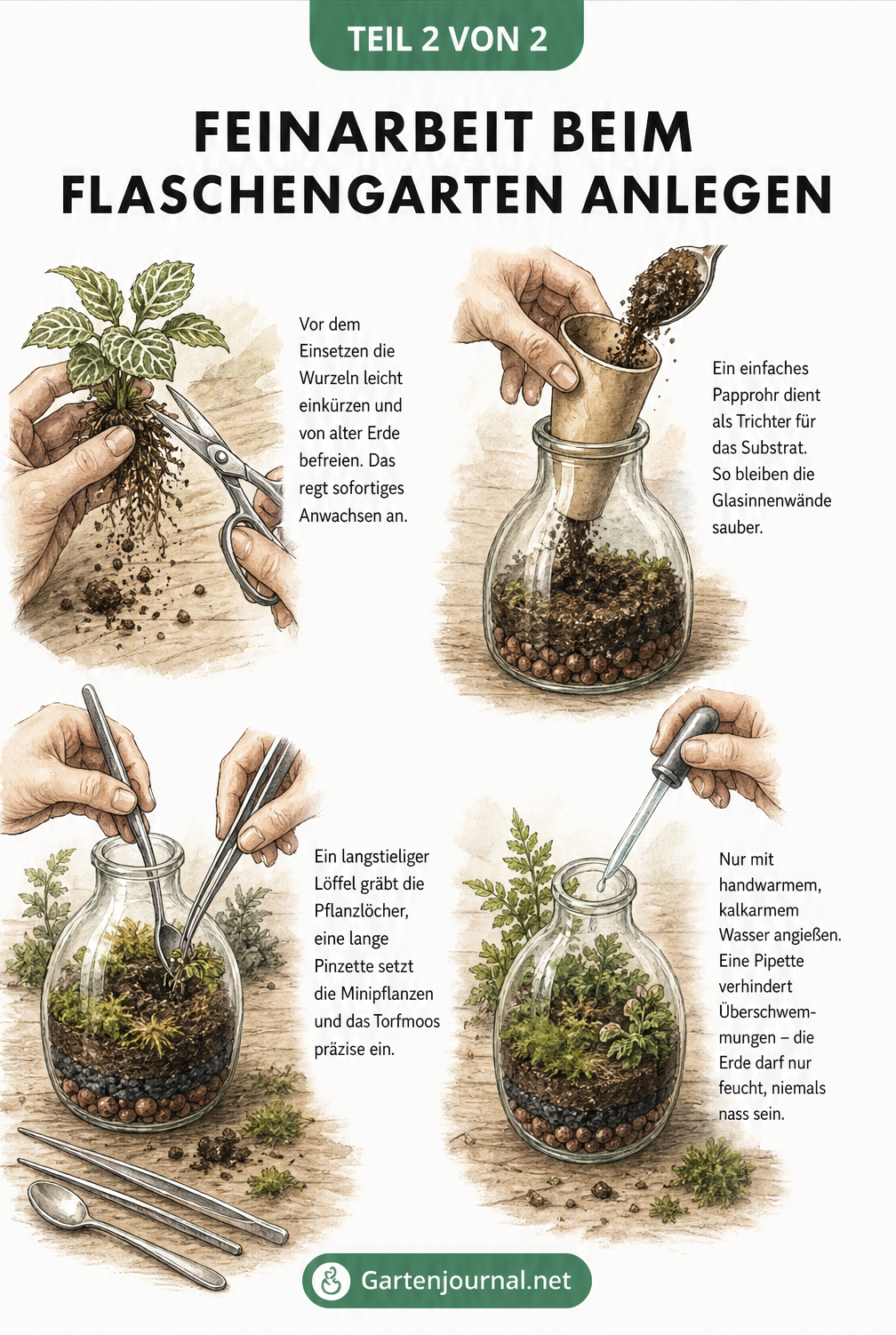 Illustration von Händen, die mit langstieligem Löffel, Pinzette und Papprolle einen Flaschengarten bepflanzen