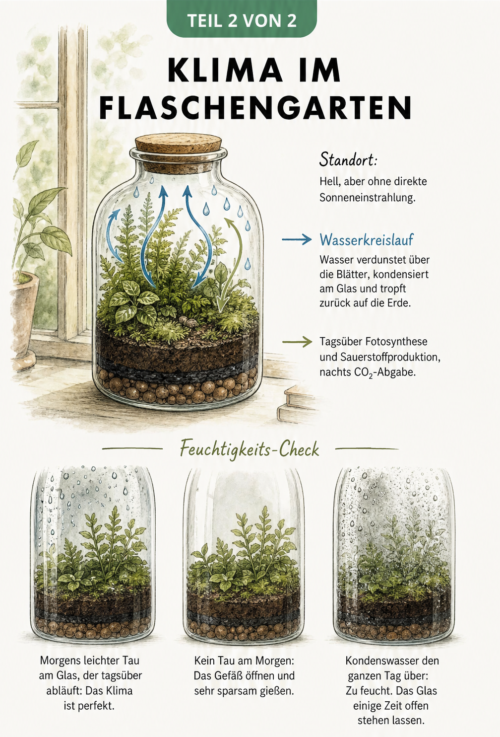 Illustration des Klimas im Flaschengarten mit Wasserkreislauf und Feuchtigkeits-Check am Glas