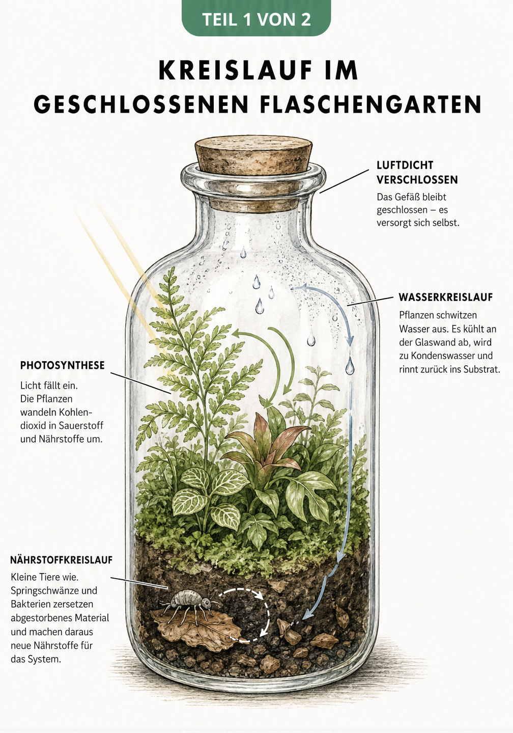 Illustration eines Flaschengartens im Querschnitt, die den natürlichen Stoffkreislauf mit Wassertropfen, Photosynthese und Zersetzung durch Springschwänze...
