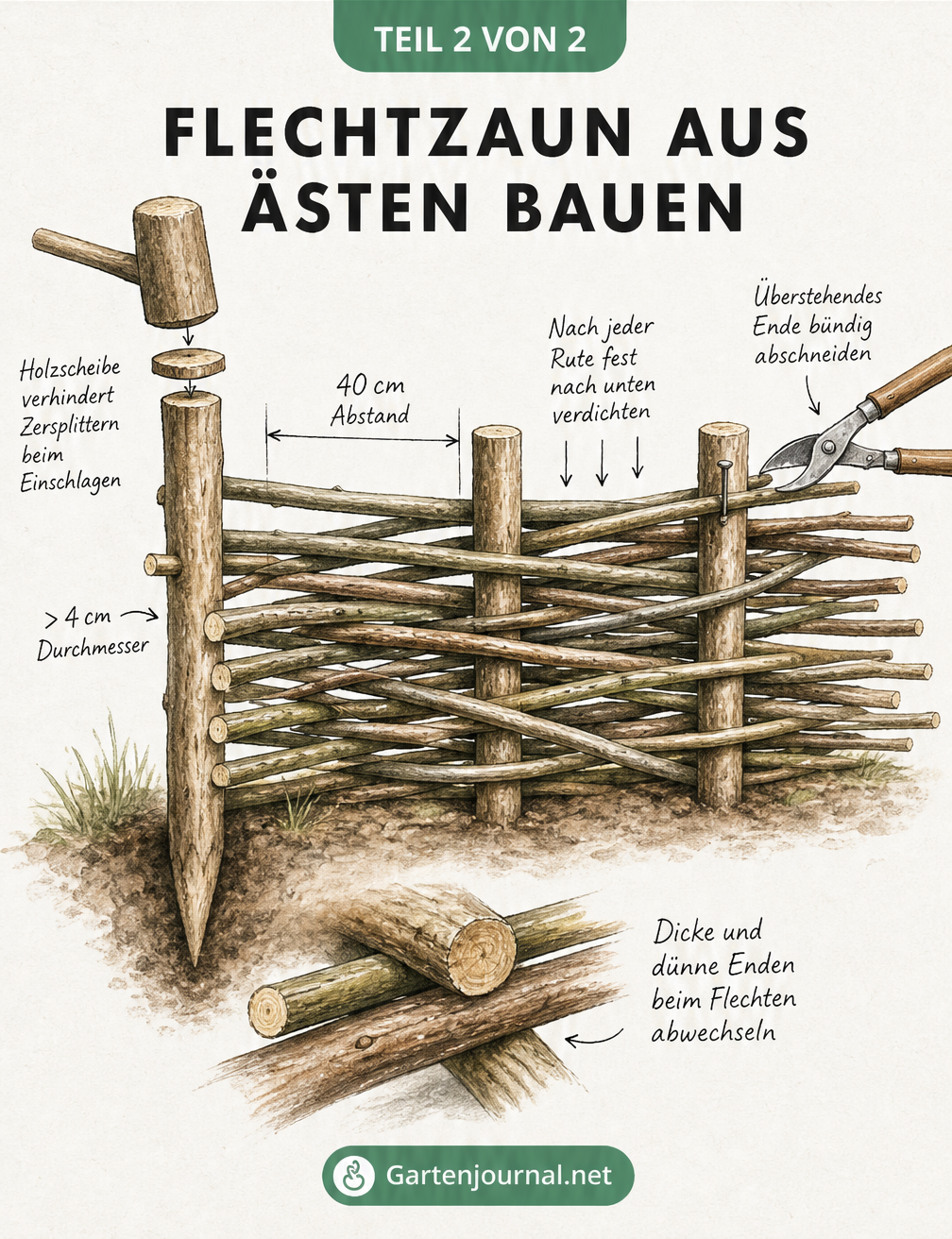 Isometrische Zeichnung eines halb fertigen Flechtzauns aus Ästen mit Maßangaben und Hinweisen zum Einschlagen der Pfosten und Flechten der Ruten