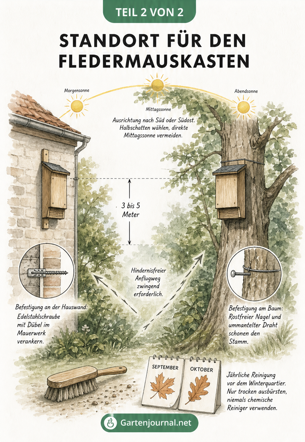 Illustration zum idealen Standort für Fledermauskästen an Hauswand und Baum mit Angaben zu Höhe und Ausrichtung