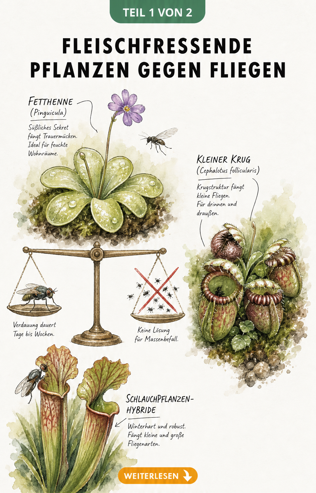 Illustration von fleischfressenden Pflanzen wie Fetthenne, Kleiner Krug und Schlauchpflanze mit ihren Fangmethoden für Fliegen