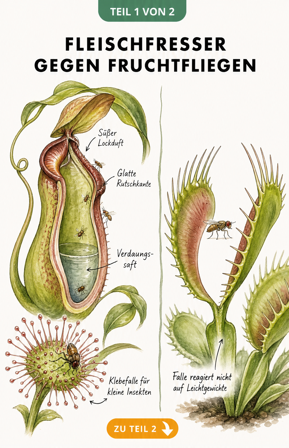 Illustration von Kannenpflanze und Sonnentau, die Fruchtfliegen fangen, im Vergleich zur ungeeigneten Venusfliegenfalle