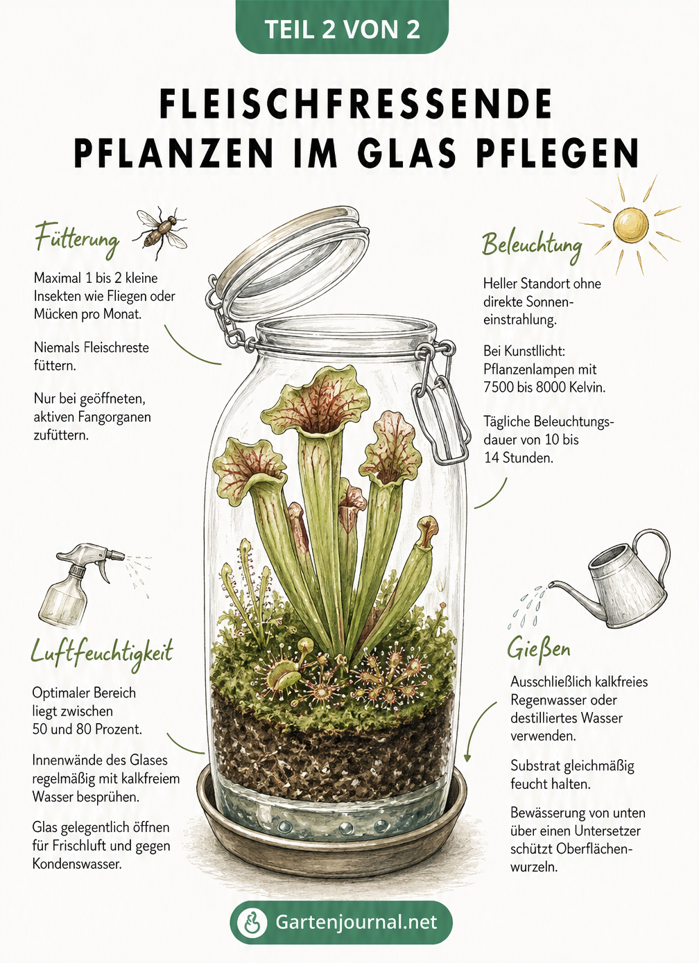 Handillustrierte Schlauchpflanze in einem leicht geöffneten Glasgefäß mit Hinweisen zu Beleuchtung, Gießen, Luftfeuchtigkeit und Fütterung.