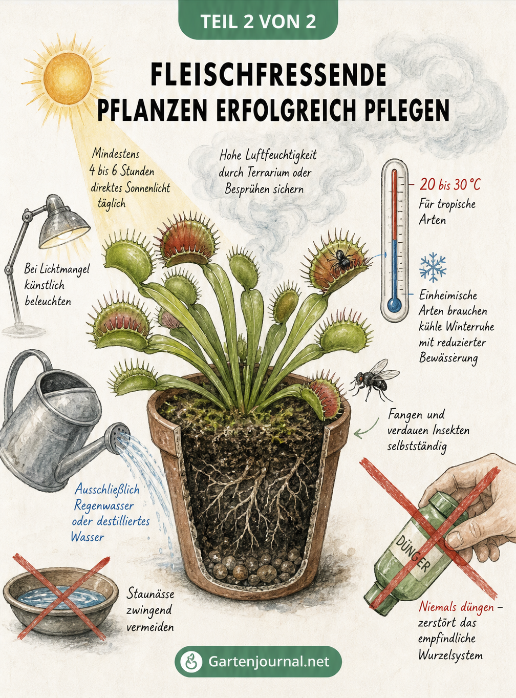 Illustration zur Pflege einer Venusfliegenfalle mit Tipps zu Wasser, Licht und Temperatur