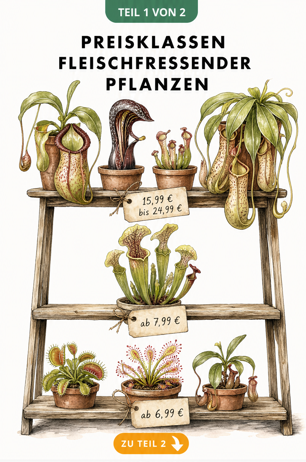 Illustration eines Gewächshaus-Regals mit fleischfressenden Pflanzen in drei Preisklassen, von Einsteiger-Arten ab 6,99 Euro bis zu Sammler-Pflanzen bis 24,99...
