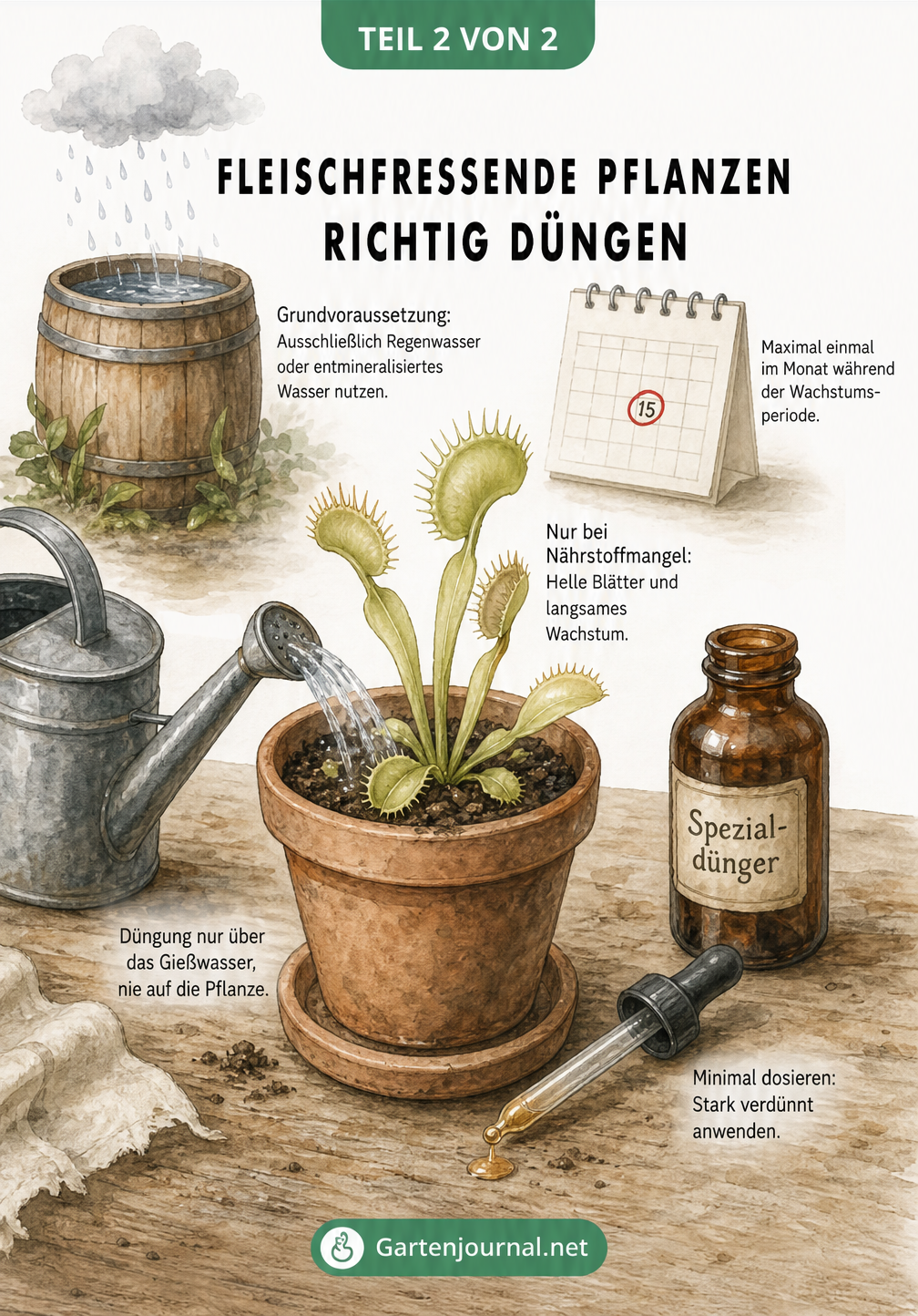 Aquarell-Grafik zur richtigen Düngung einer Venusfliegenfalle mit Gießkanne und Spezialdünger